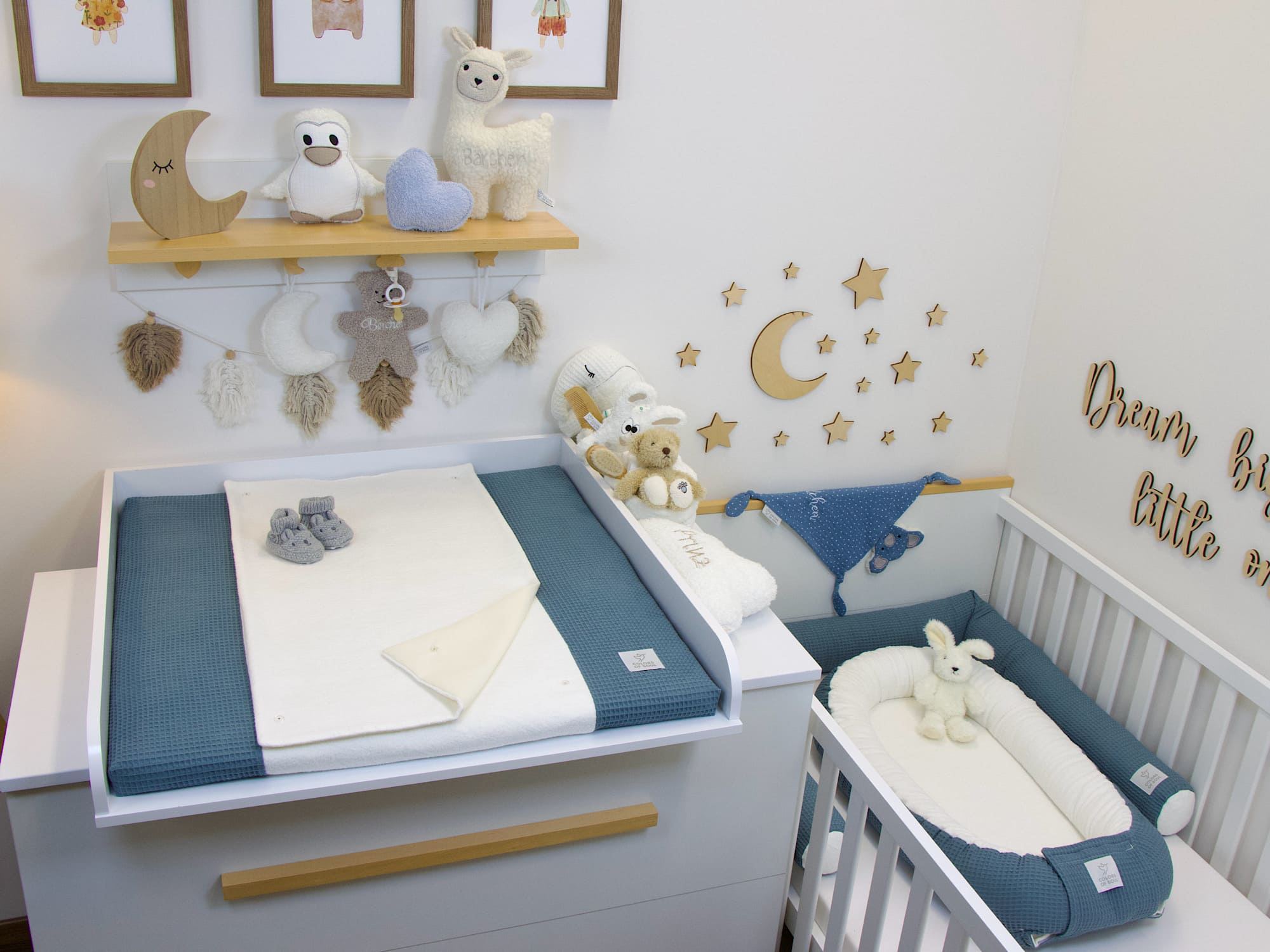3-er SET - Wickelauflage mit Inlett, Babynest, Bettrolle - Waffel stahlblau / Baumwollfleece creme
