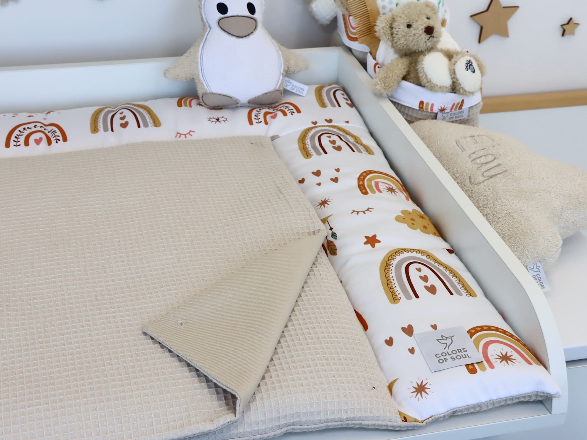 Wickelauflage - Baby boho Regenbogen / Waffelpique Natur