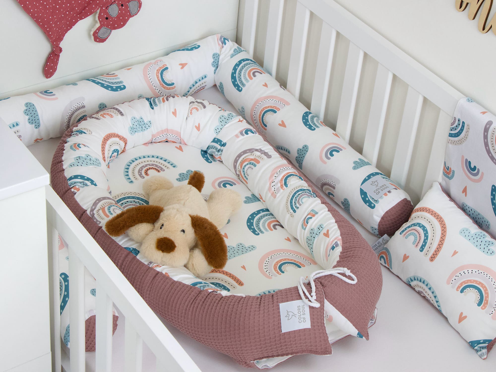 5-er SET - Wickelauflage, Babynest, Bettrolle - pastell Regenbogen und Herzen / Waffelpique alte malve