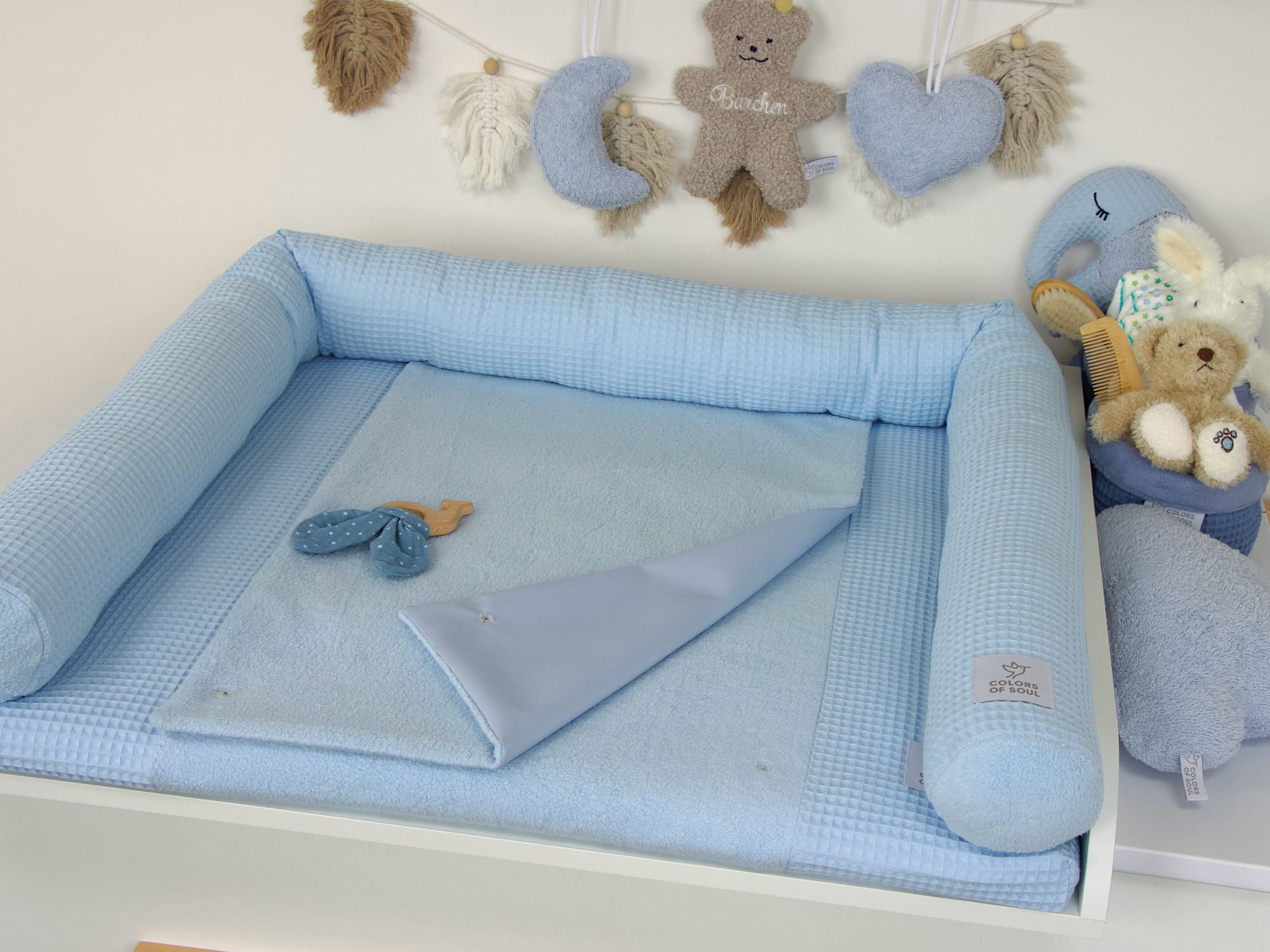 2-er SET - Wickelauflage mit Inlett, Bettschlange - Waffelpique babyblau / Baumwollfleece blau