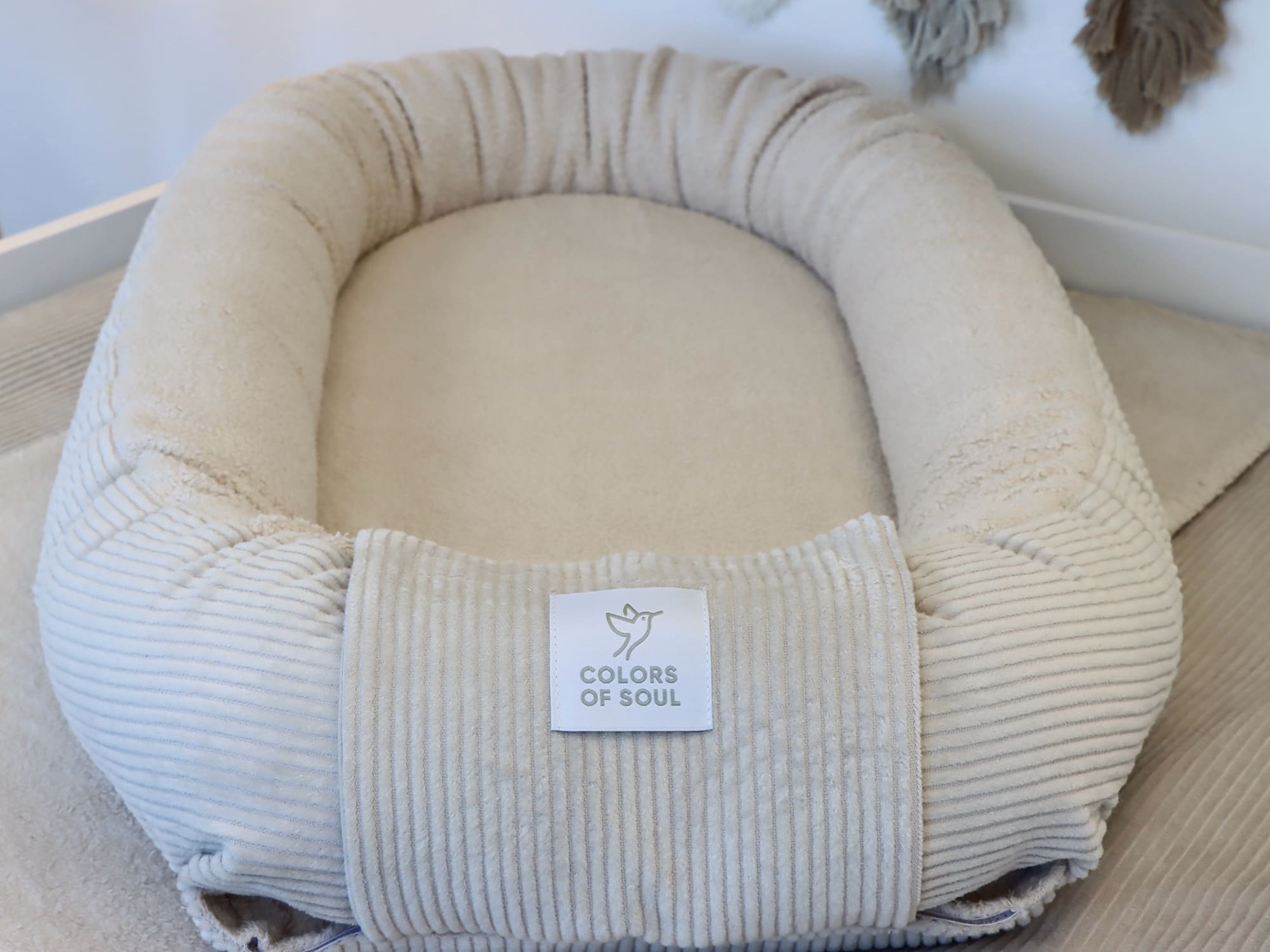 Wickelauflage mit Bezug, Bettschlange, Babynest - Cord hellbeige / Baumwollfleece hellbeige