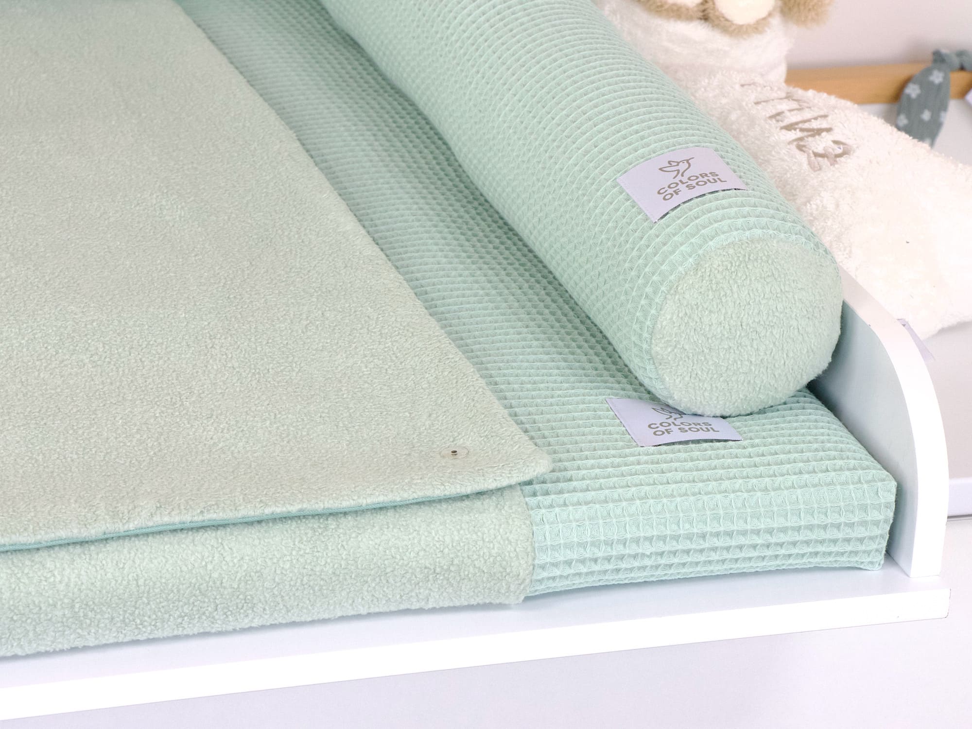 2-er SET - Wickelauflage mit Inlett, Bettschlange - Waffelpique hellmint / Baumwollfleece hellmint