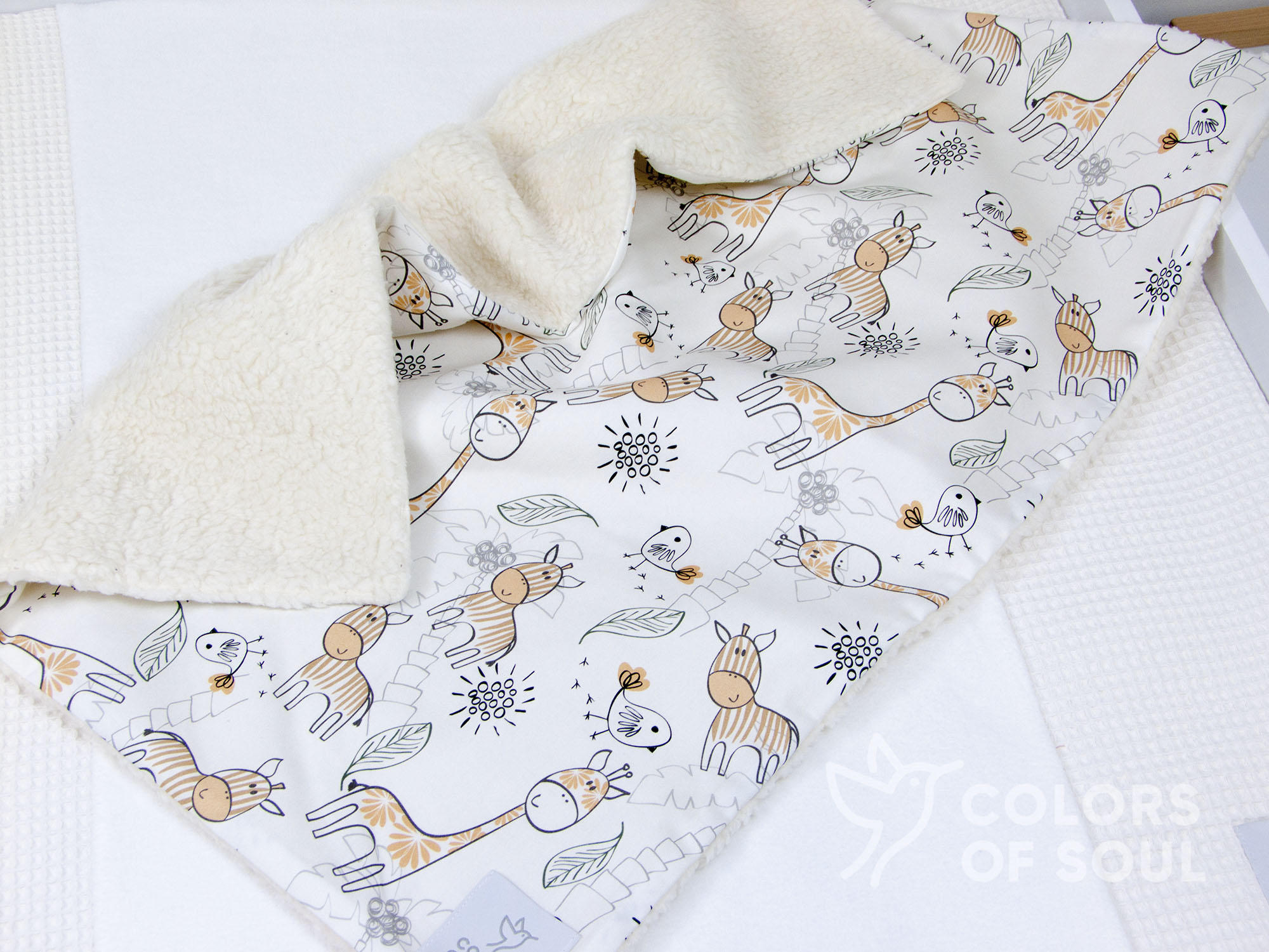 Babydecke - Giraffe und Zebra / Teddyplüsch creme