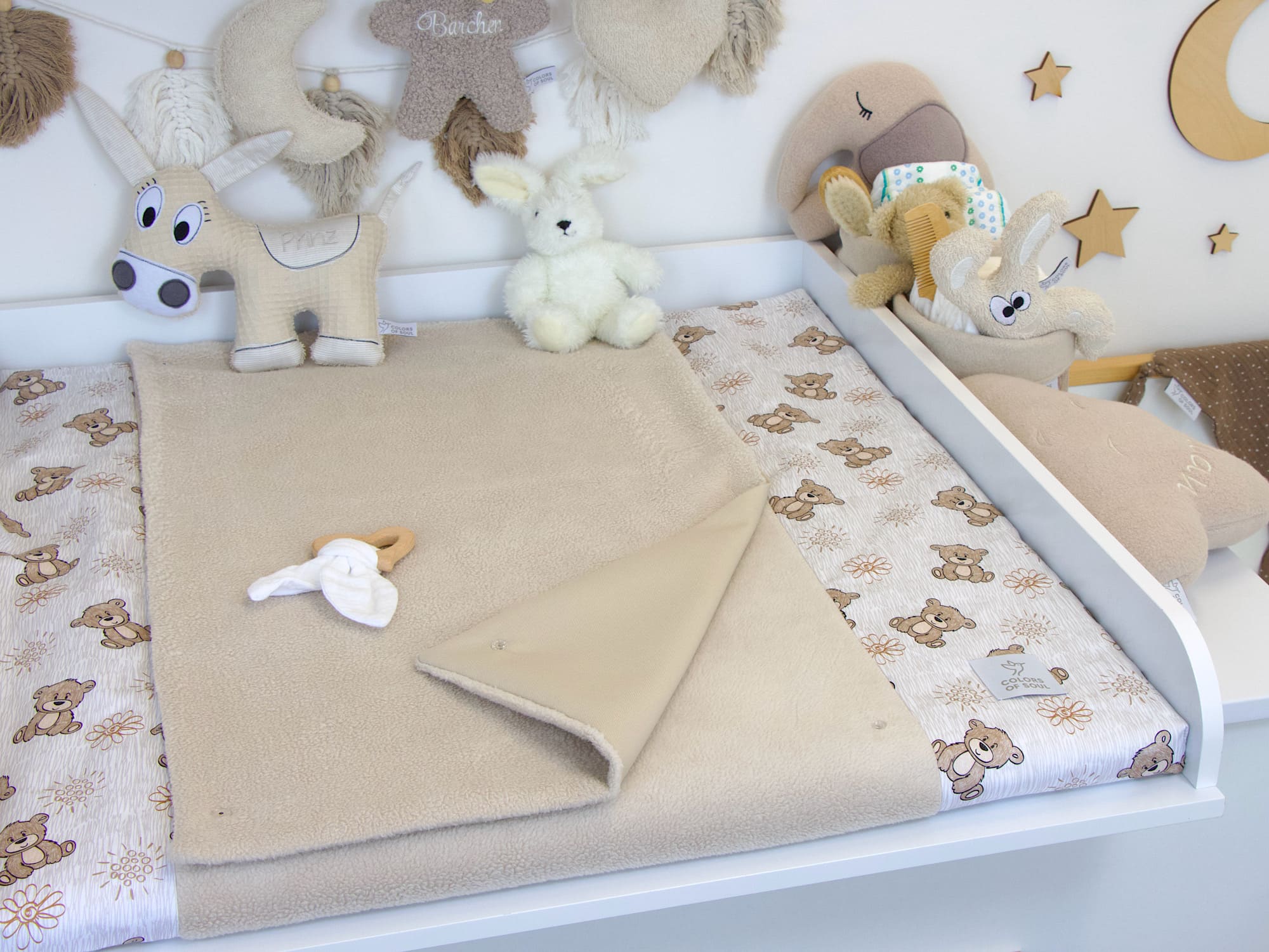 Wickelauflage mit Inlett - niedliche Bärchen / Baumwollfleece beige