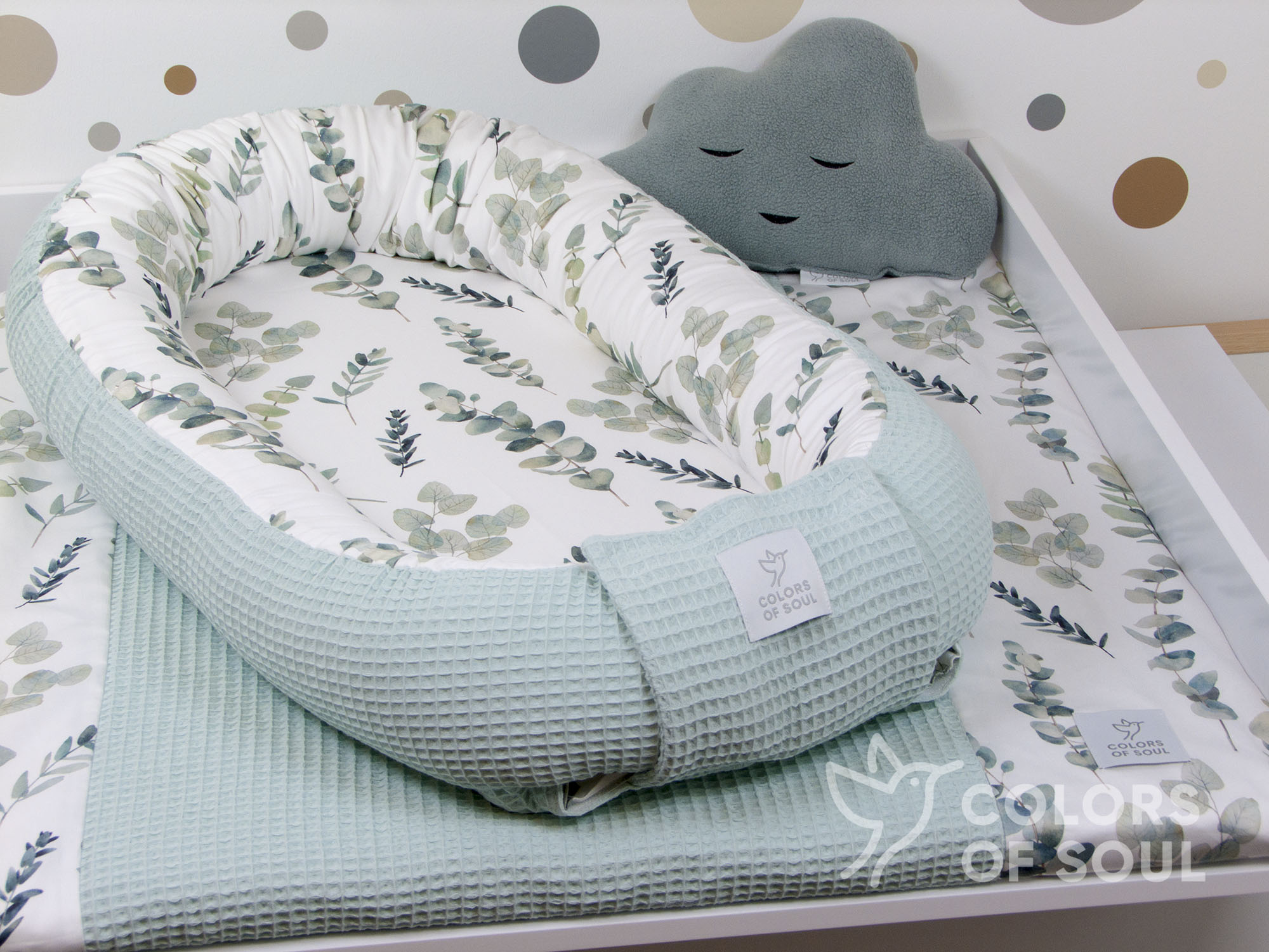 3-er SET - Wickelauflage mit Inlett, Babynest, Bettrolle - Eukalyptus Aquarell / Waffel pastellmint