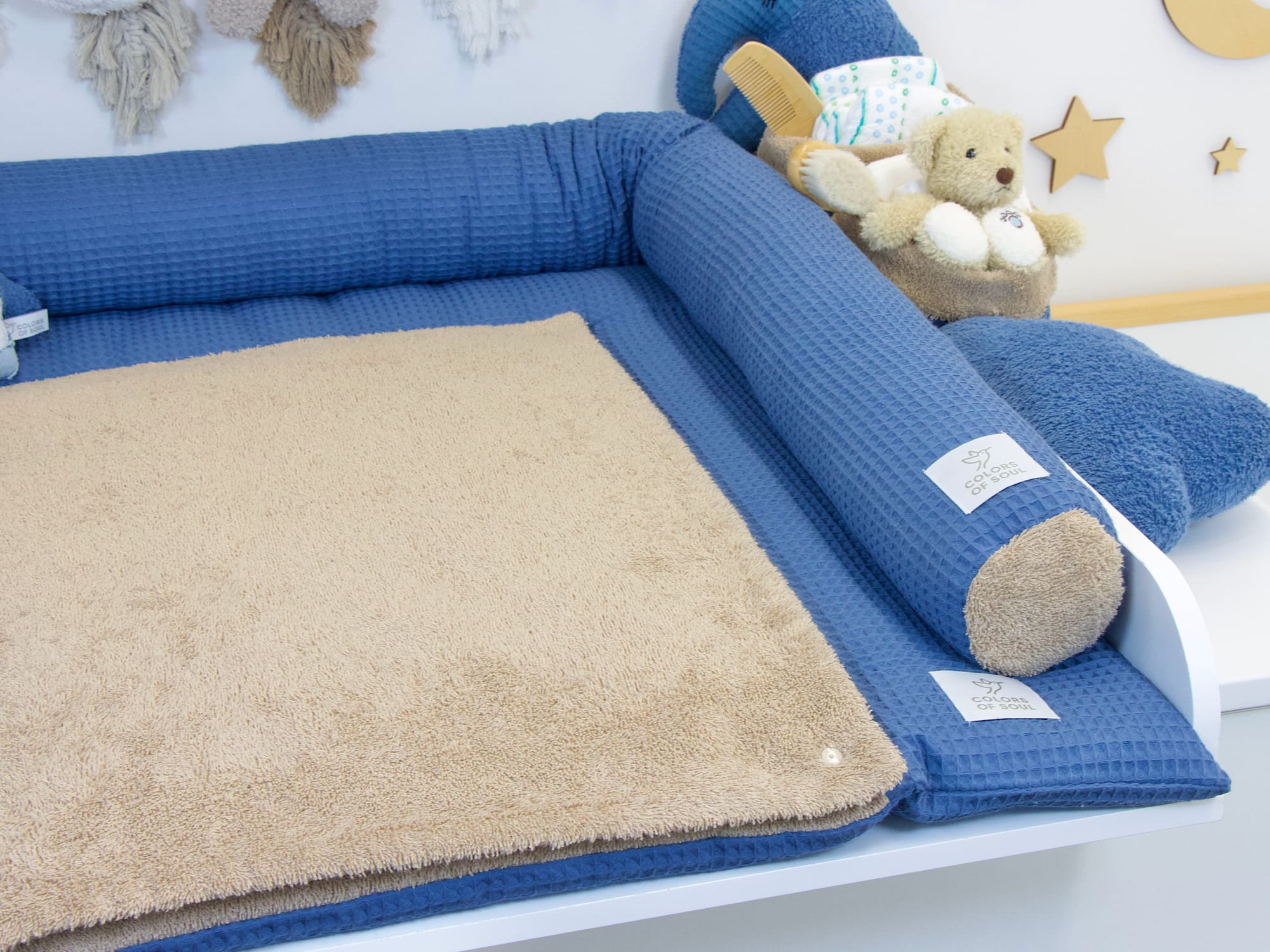 Wickelauflage und Bettschlange Set - Waffelpique jeansblau & Frottee dunkelbeige