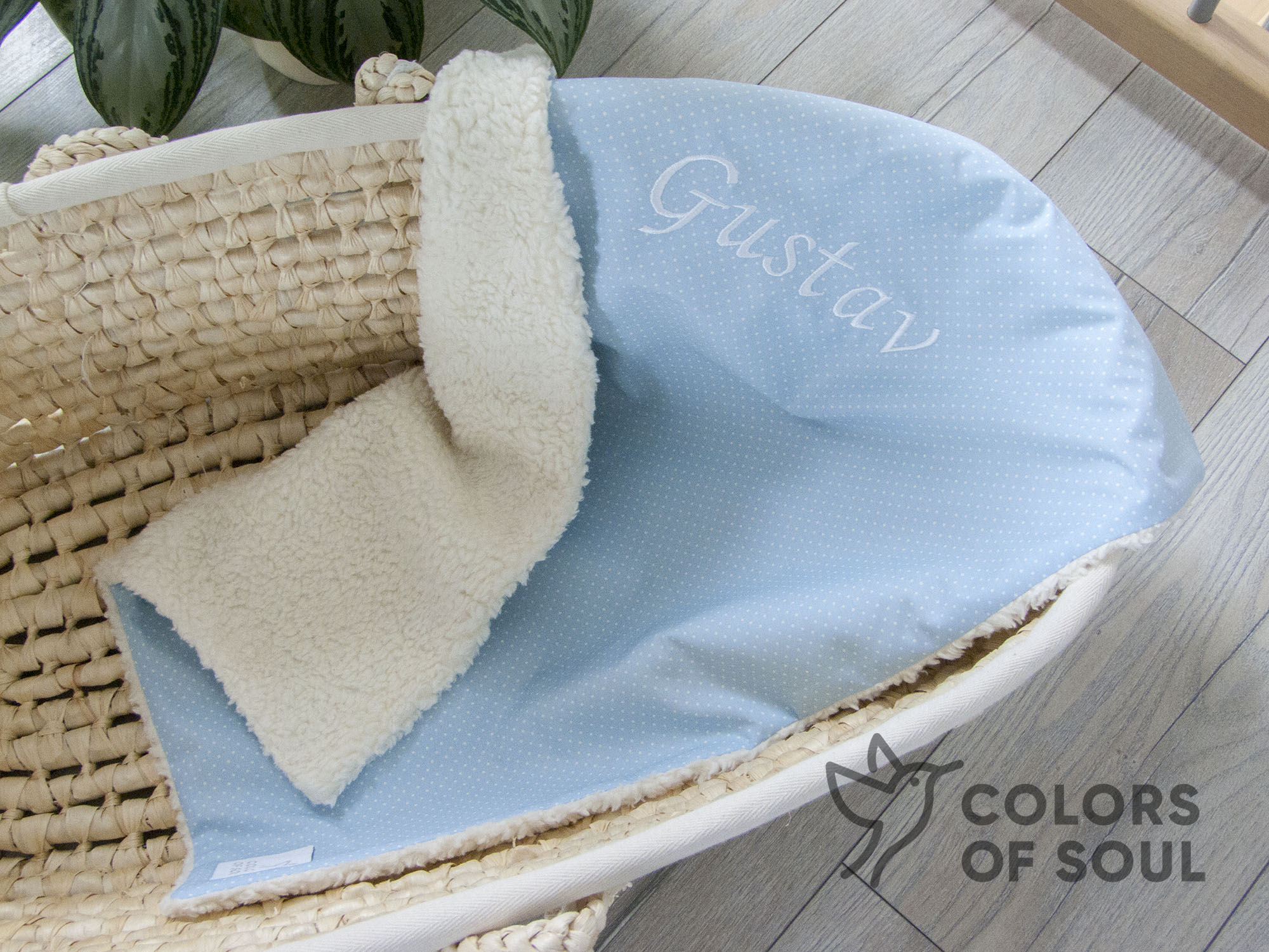 Babydecke - Pünktchen hellblau / Teddyplüsch creme