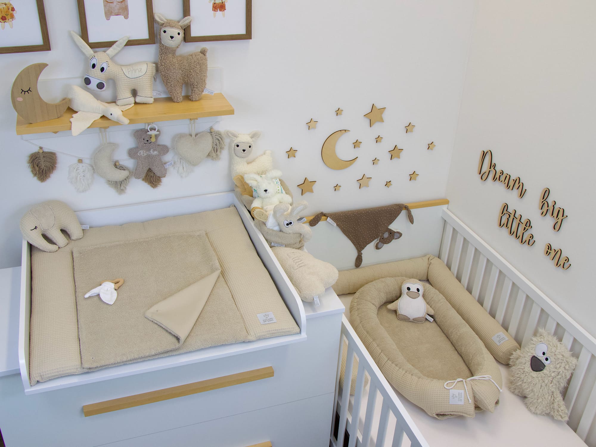 3-er SET - Wickelauflage, Bettschlange, Babynestchen - Waffelpique beige / Frottee beige