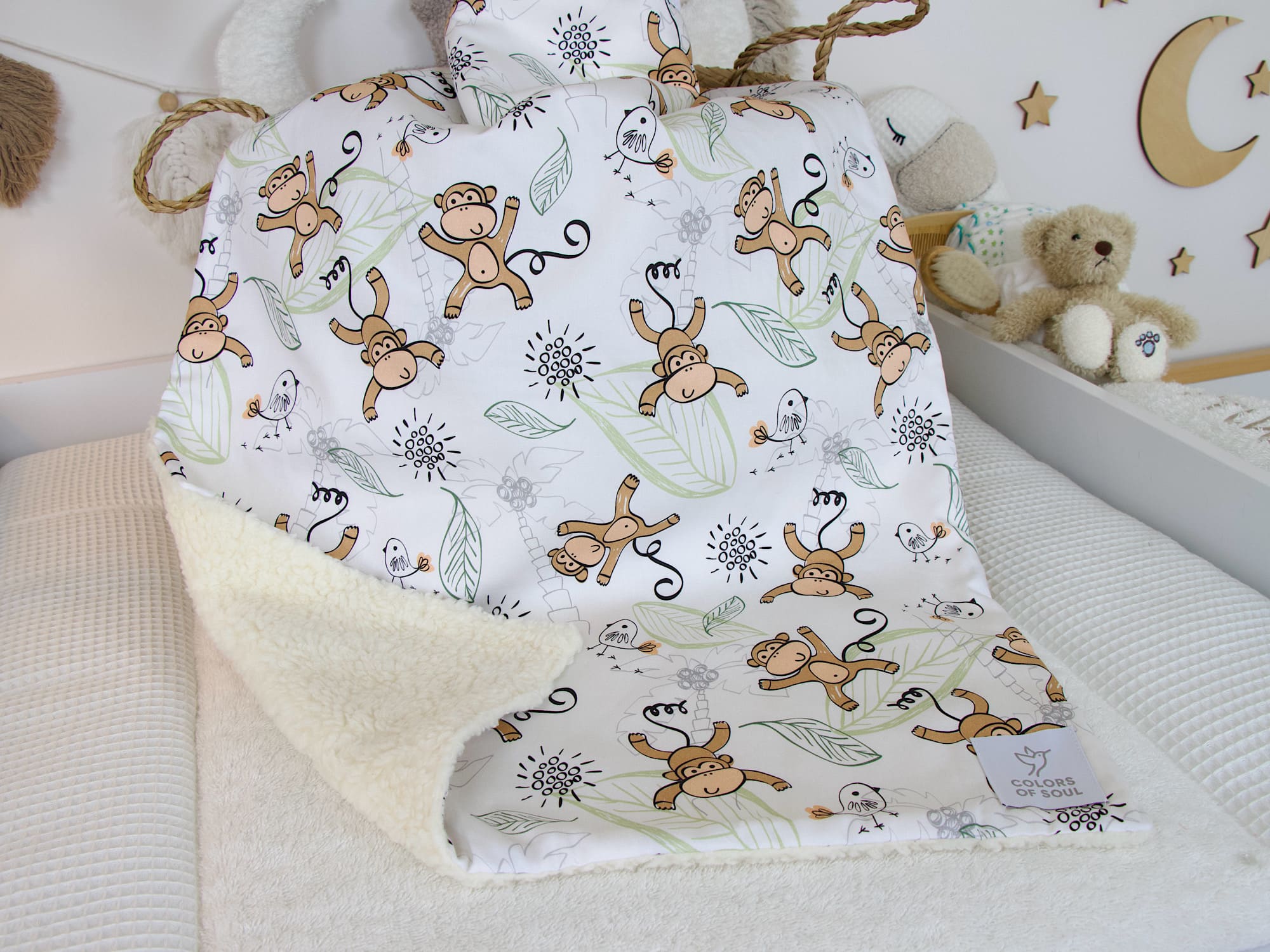 Babydecke personalisiert mit Namen - niedliche Affen / Teddyplüsch creme