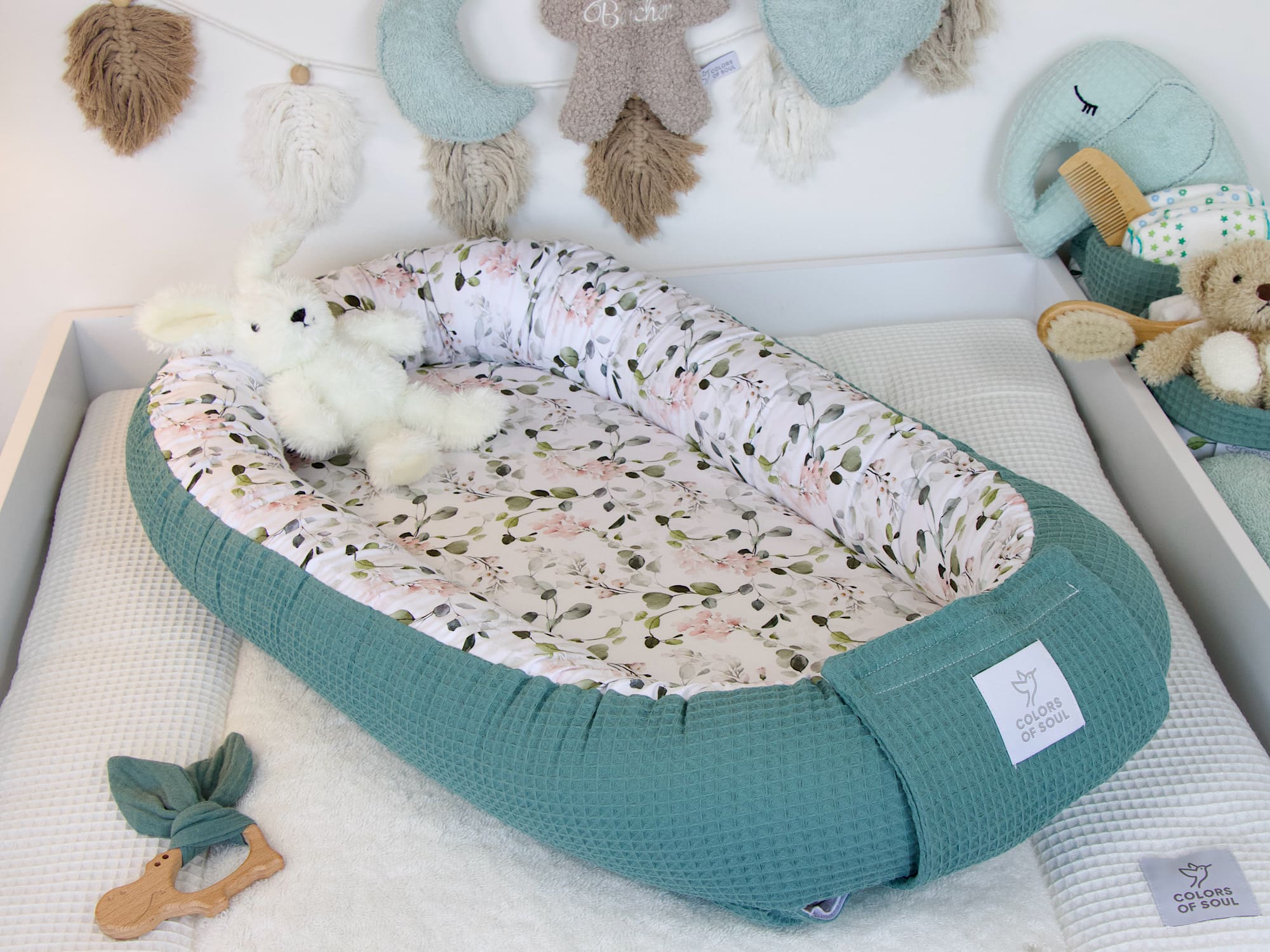 Babynest - Gartenblumen rosa / Waffelpique altgrün