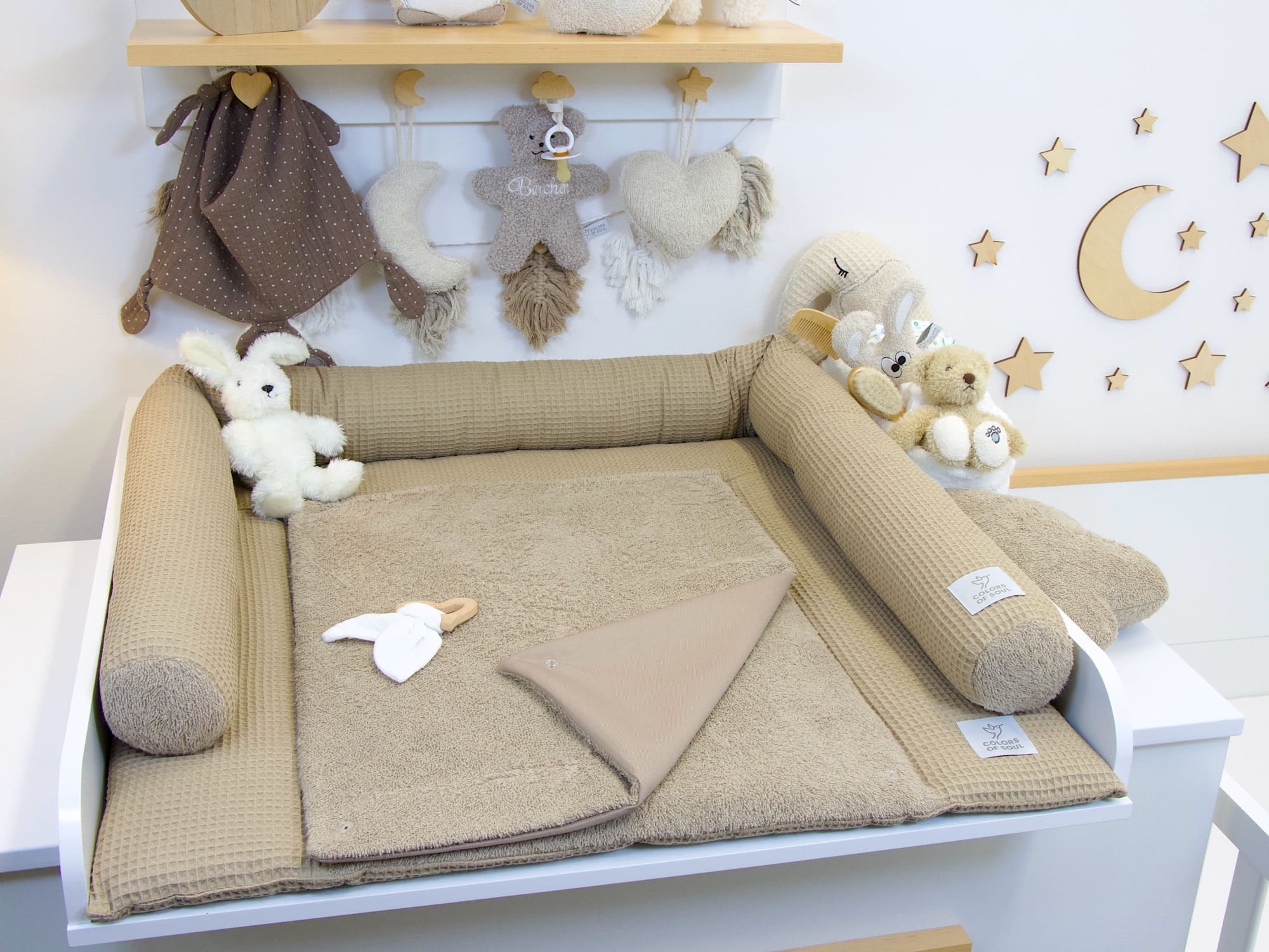 2-er SET - Wickelauflage, Bettschlange - Waffelpique dunkelbeige / Frottee dunkelbeige