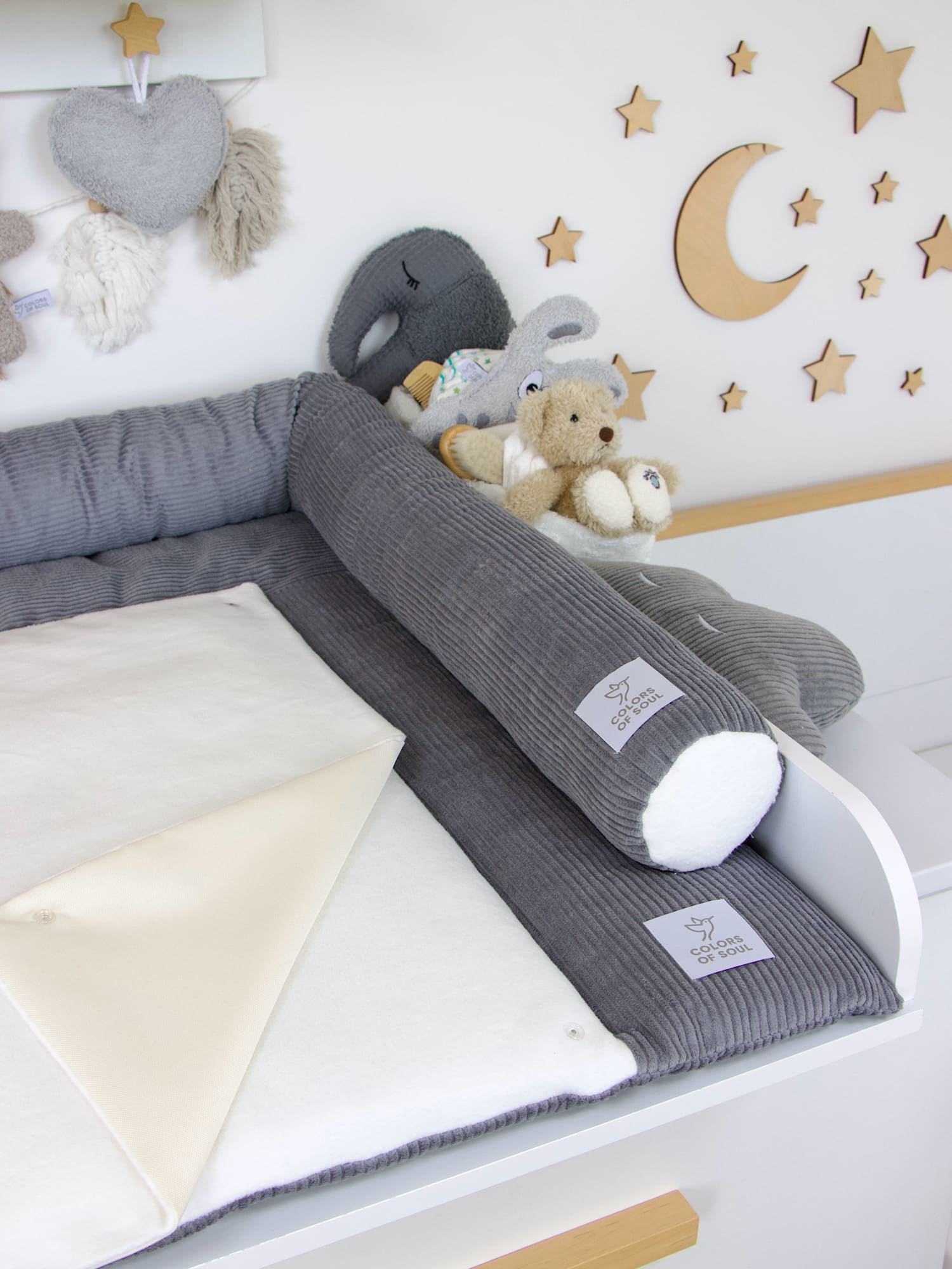 Wickelauflage Set mit Bettschlange Cord grau / Baumwollfleece creme