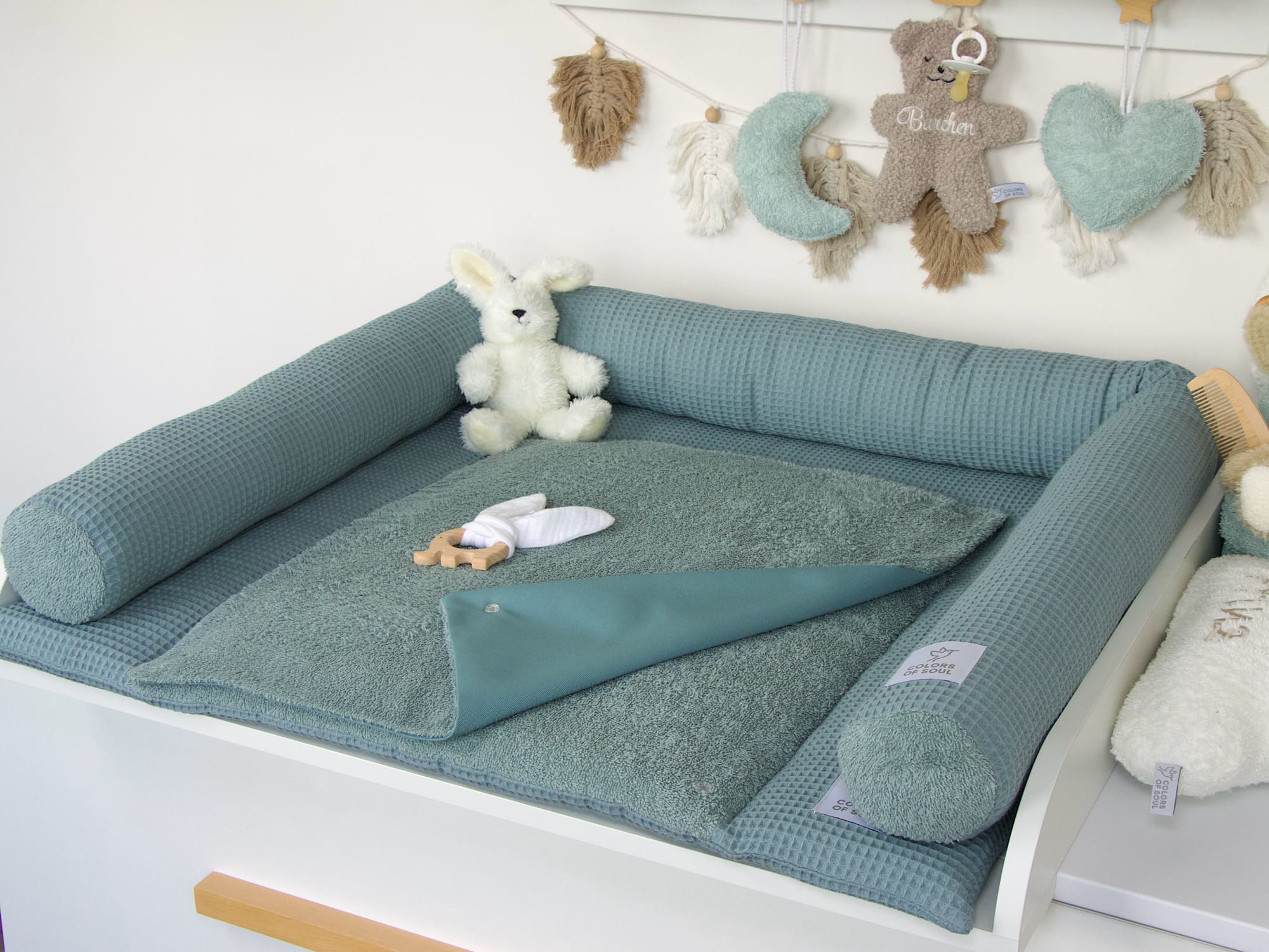 3-er SET - Wickelauflage, Bettschlange, Babynestchen - Waffelpique und Frottee dusty altmint