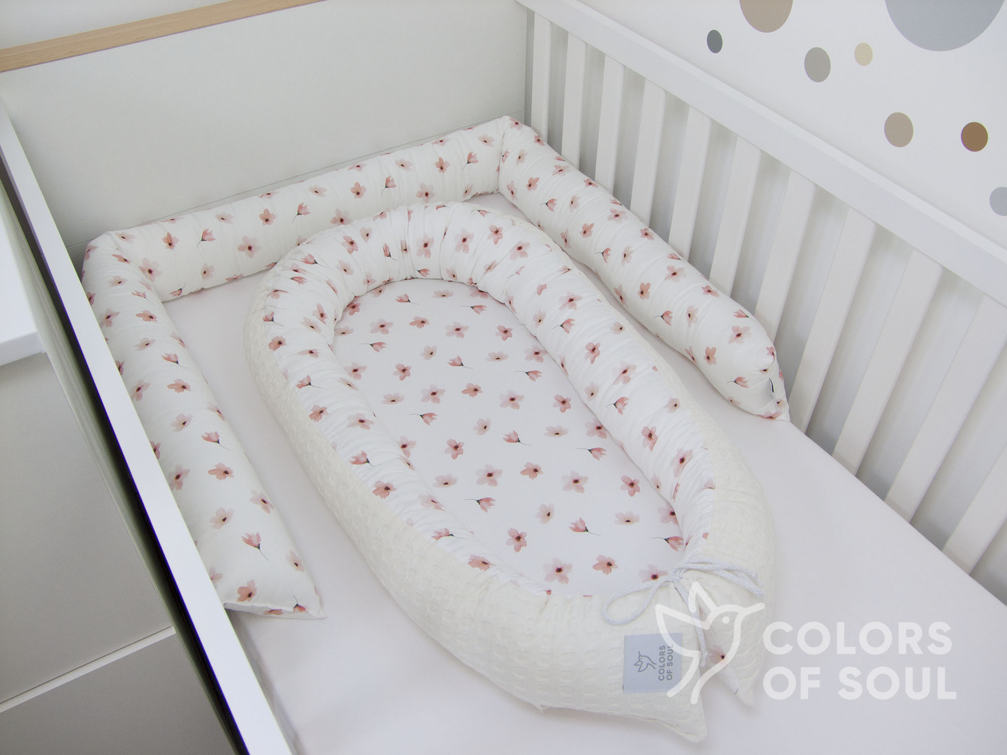Babynest - Blumen Aquarell rosa / Waffelpique grob creme