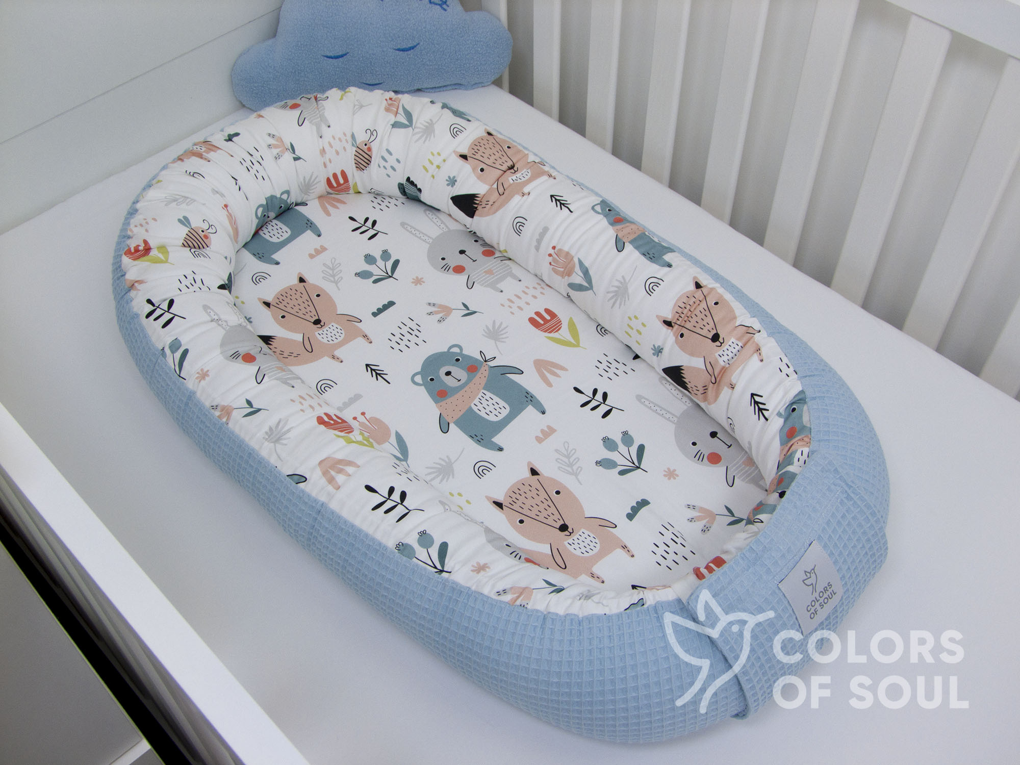 3-er SET - Wickelauflage mit Inlett, Babynest, Bettrolle - pastell Waldtiere / Waffelpique hellblau
