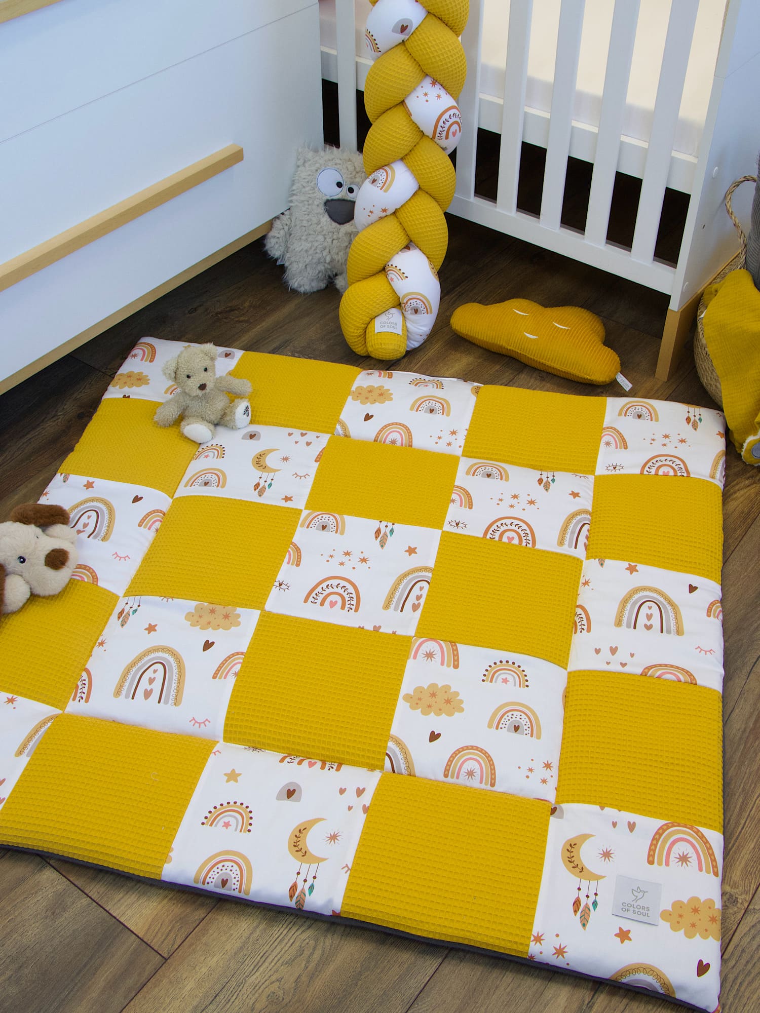Krabbeldecke - Waffelpique gelb / Baby boho Regenbogen