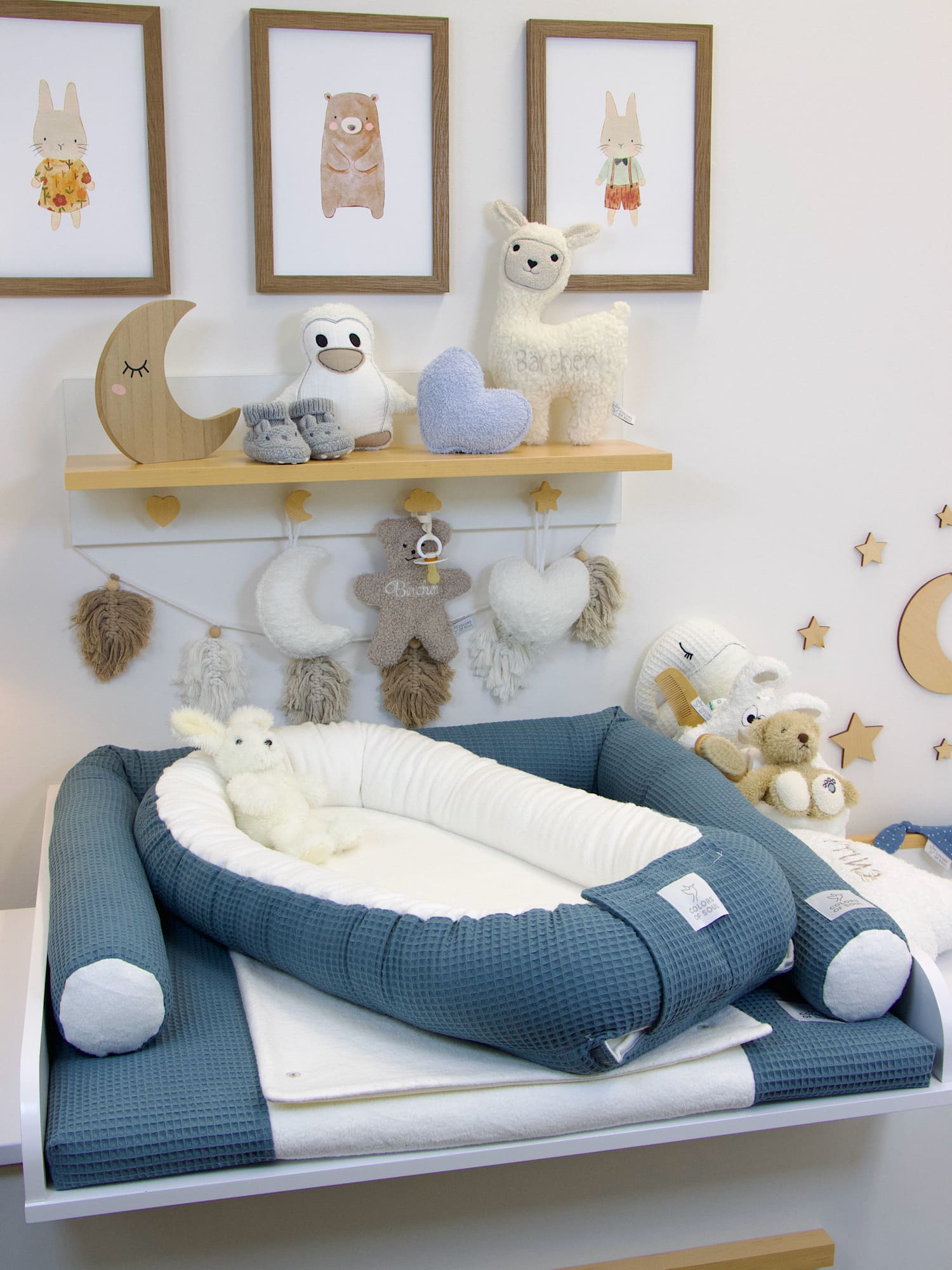 3-er SET - Wickelauflage mit Inlett, Babynest, Bettrolle - Waffel stahlblau / Baumwollfleece creme