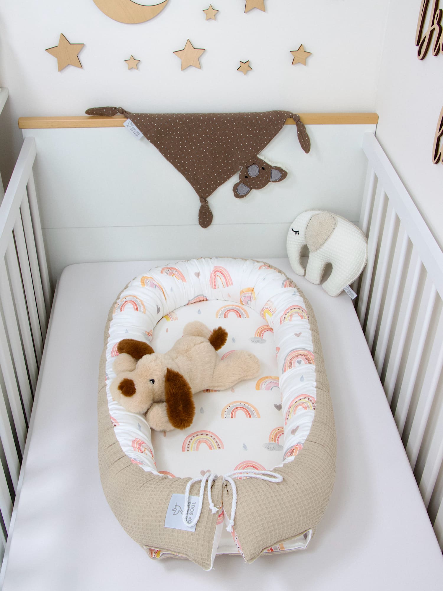 3-er SET - Wickelauflage, Bettschlange, Babynestchen - Regenbogen Aquarell / Waffelpique beige