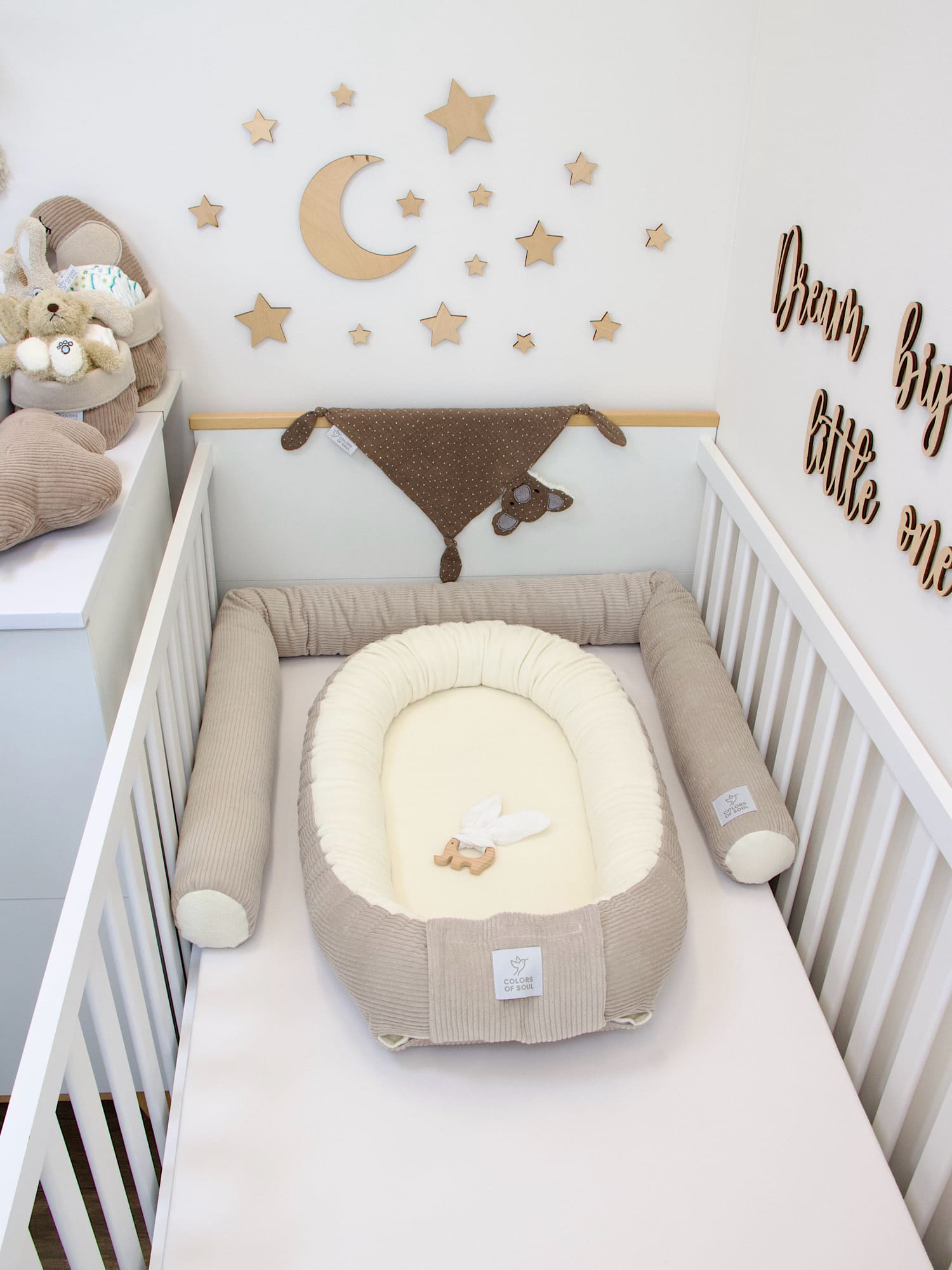 3-er SET - Wickelauflage, Babynestchen, Bettschlange - Cord hellbeige / Baumwollfleece creme