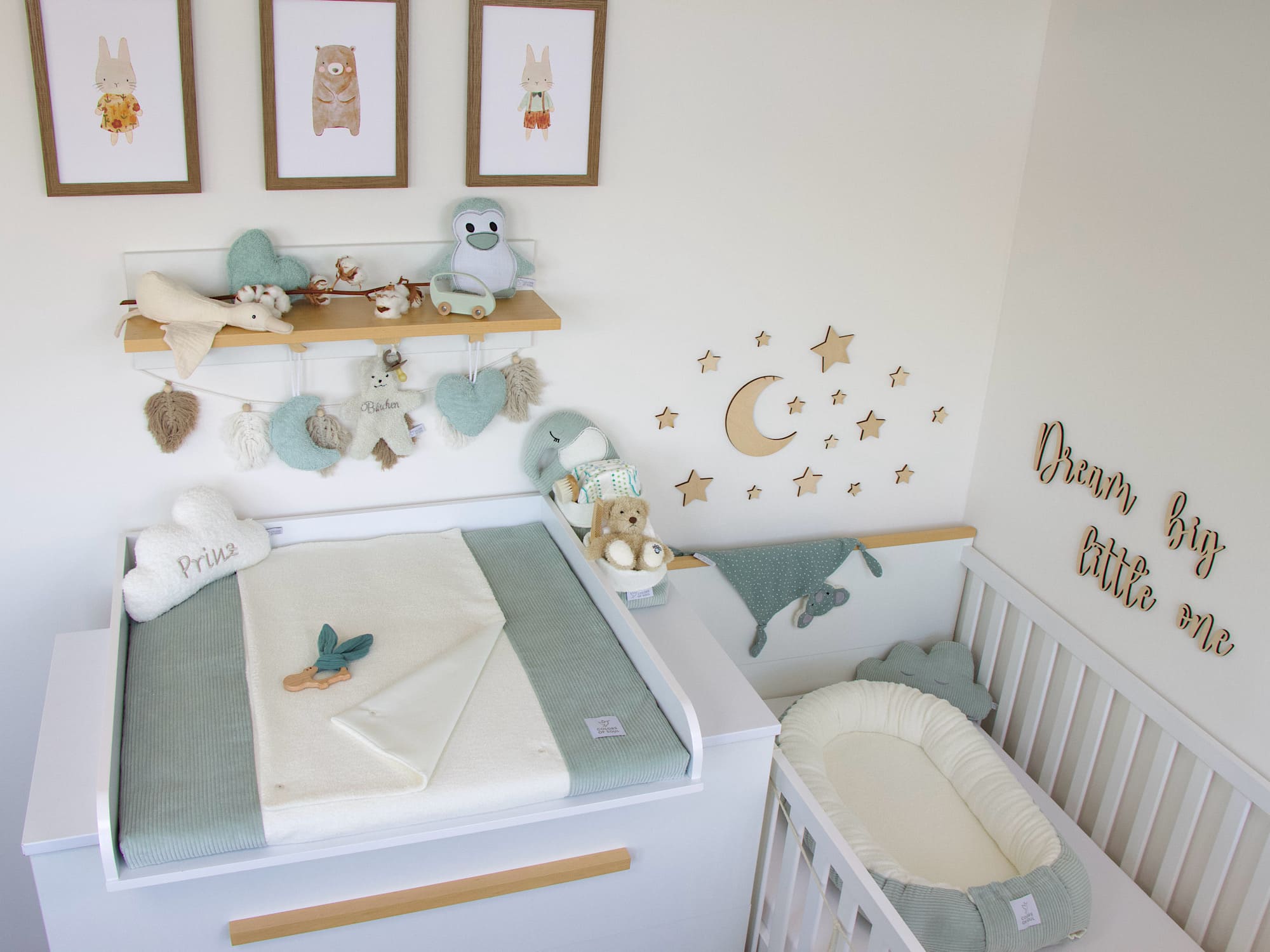 3-er SET - Wickelauflage, Babynestchen, Bettschlange - Kord mint / Baumwollfleece creme
