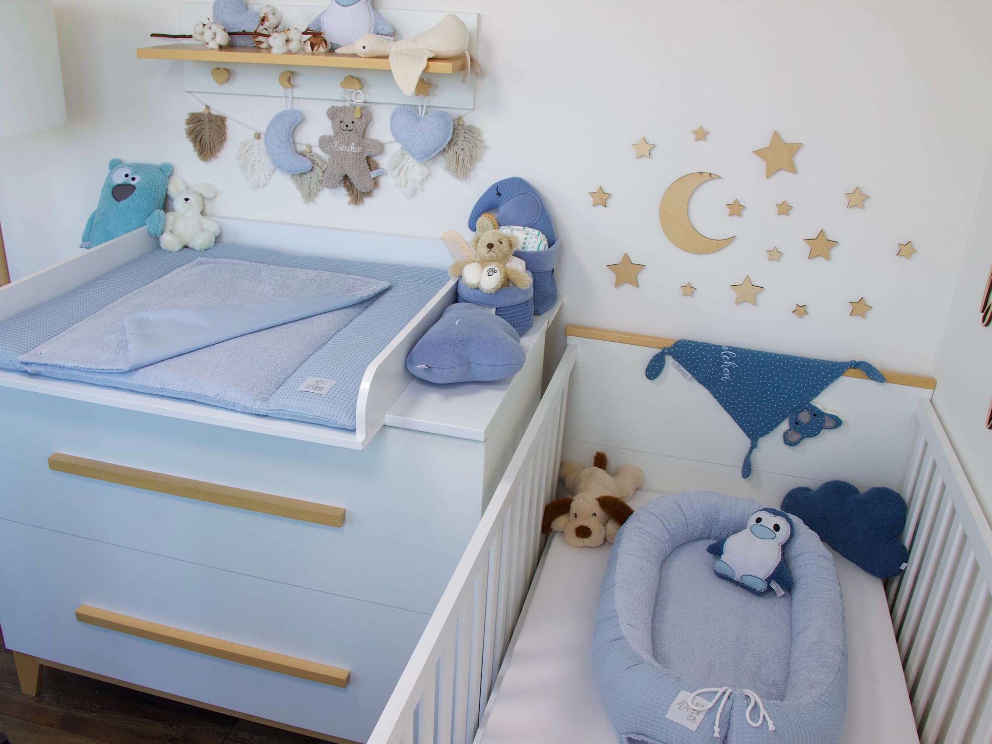 3-er SET - Wickelauflage, Bettschlange, Babynestchen - Waffelpique hellblau / Frottee hellblau