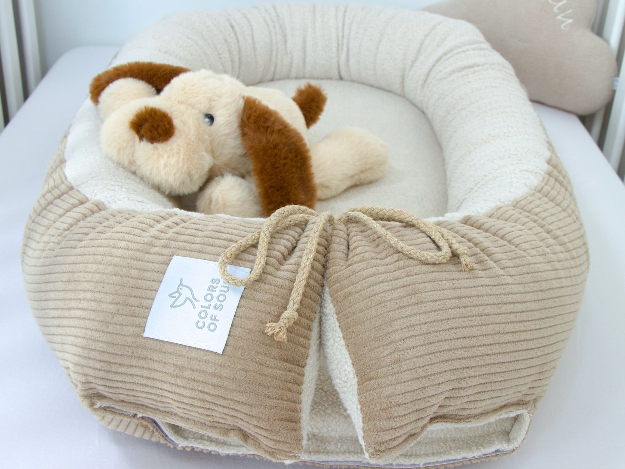 2-er SET - Babynestchen, Bettschlange - Kord camel / Baumwollfleece creme