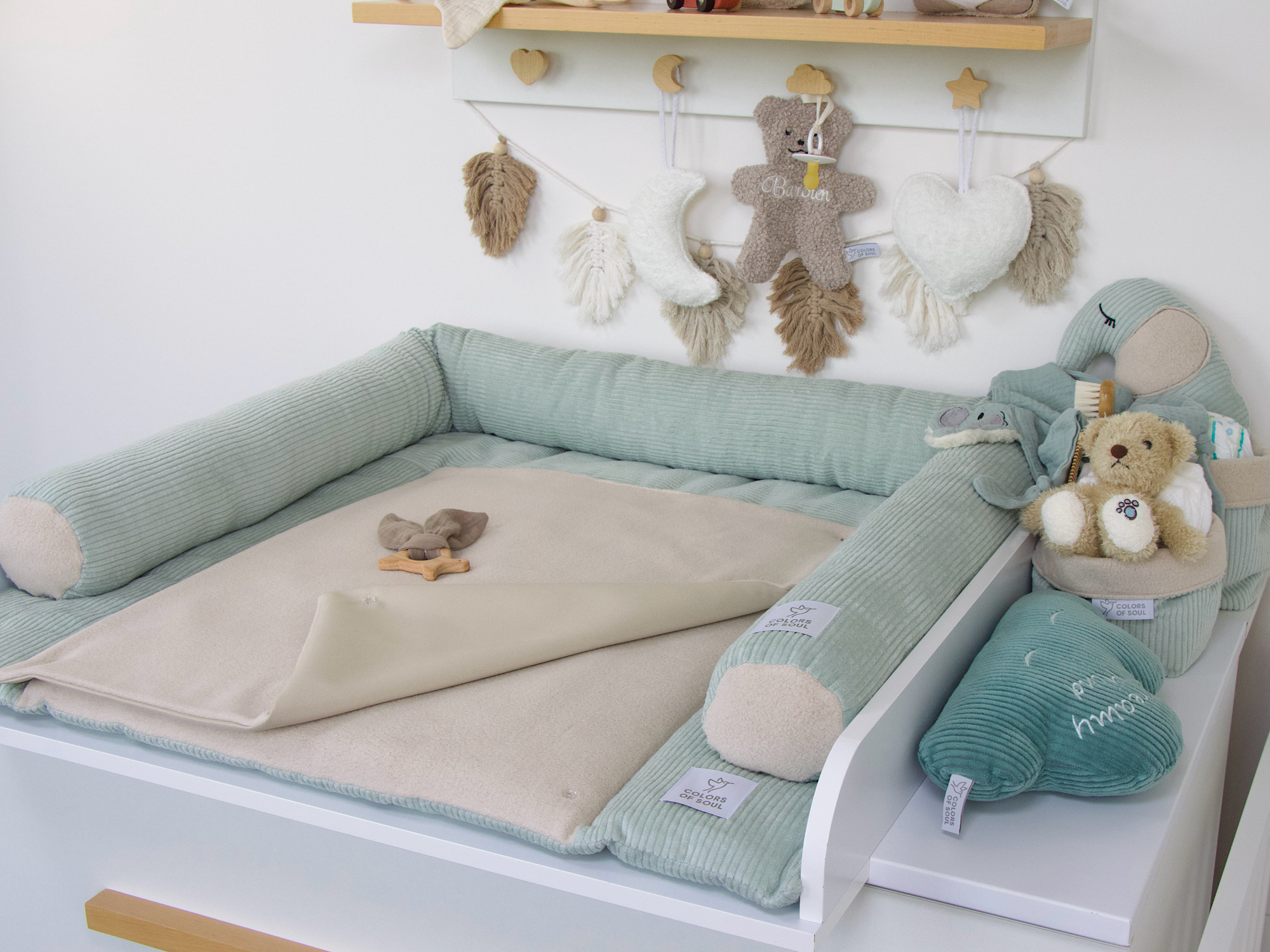 2-er SET - Wickelauflage, Bettschlange - Kord mint / Baumwollfleece beige