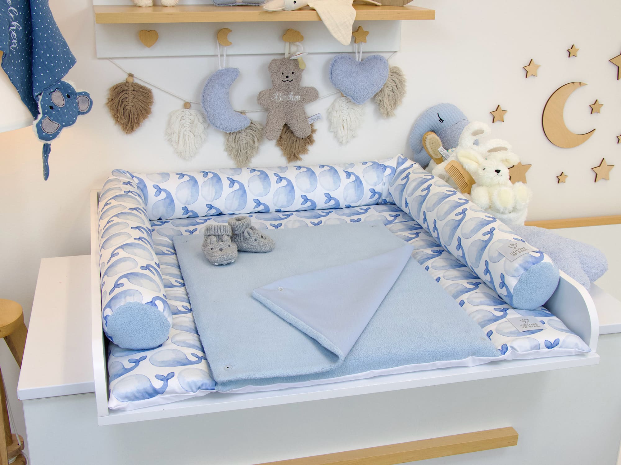 2-er SET - Wickelauflage, Bettschlange - blaue Wale Aquarell / Baumwollfleece blau