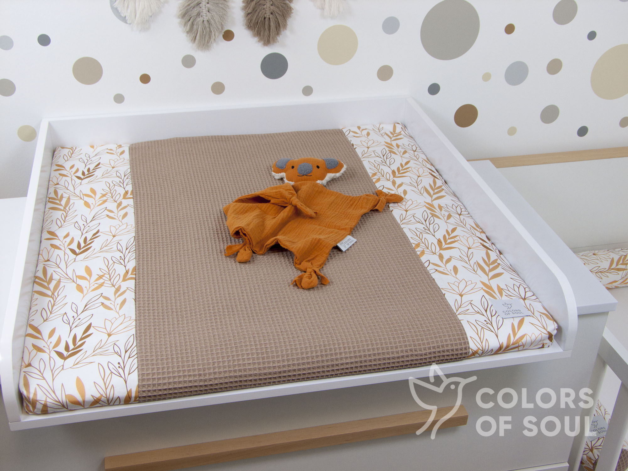 2-er SET - Wickelauflage mit Inlett, Bettschlange - Zweige camel / Waffelpique camel