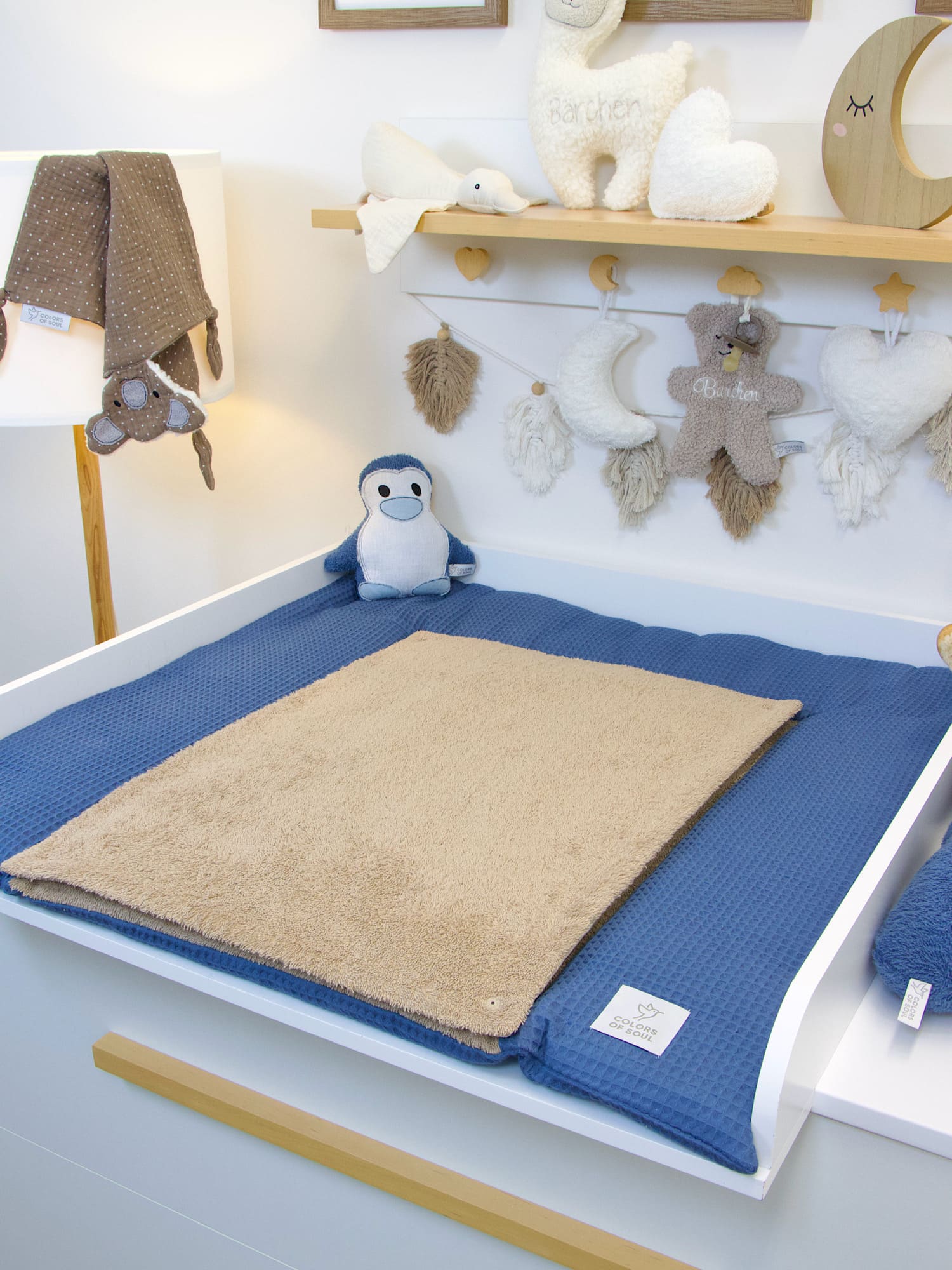 Wickelauflage - Waffelpique jeansblau / Frottee dunkelbeige