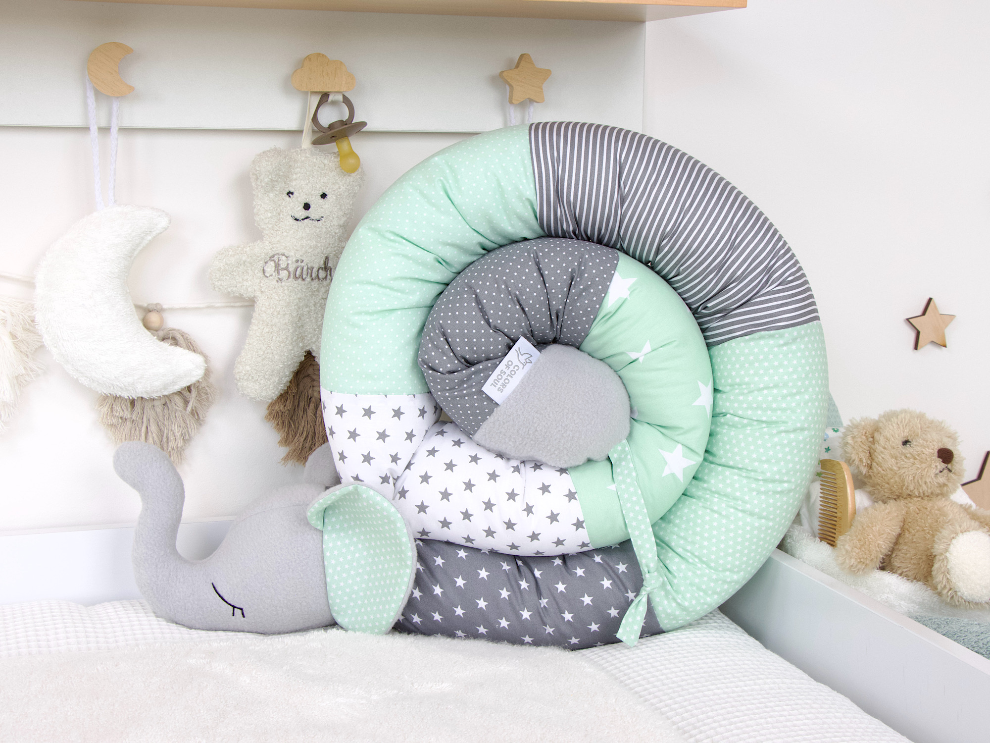 Bettschlange Elefant grau/weiß/mint