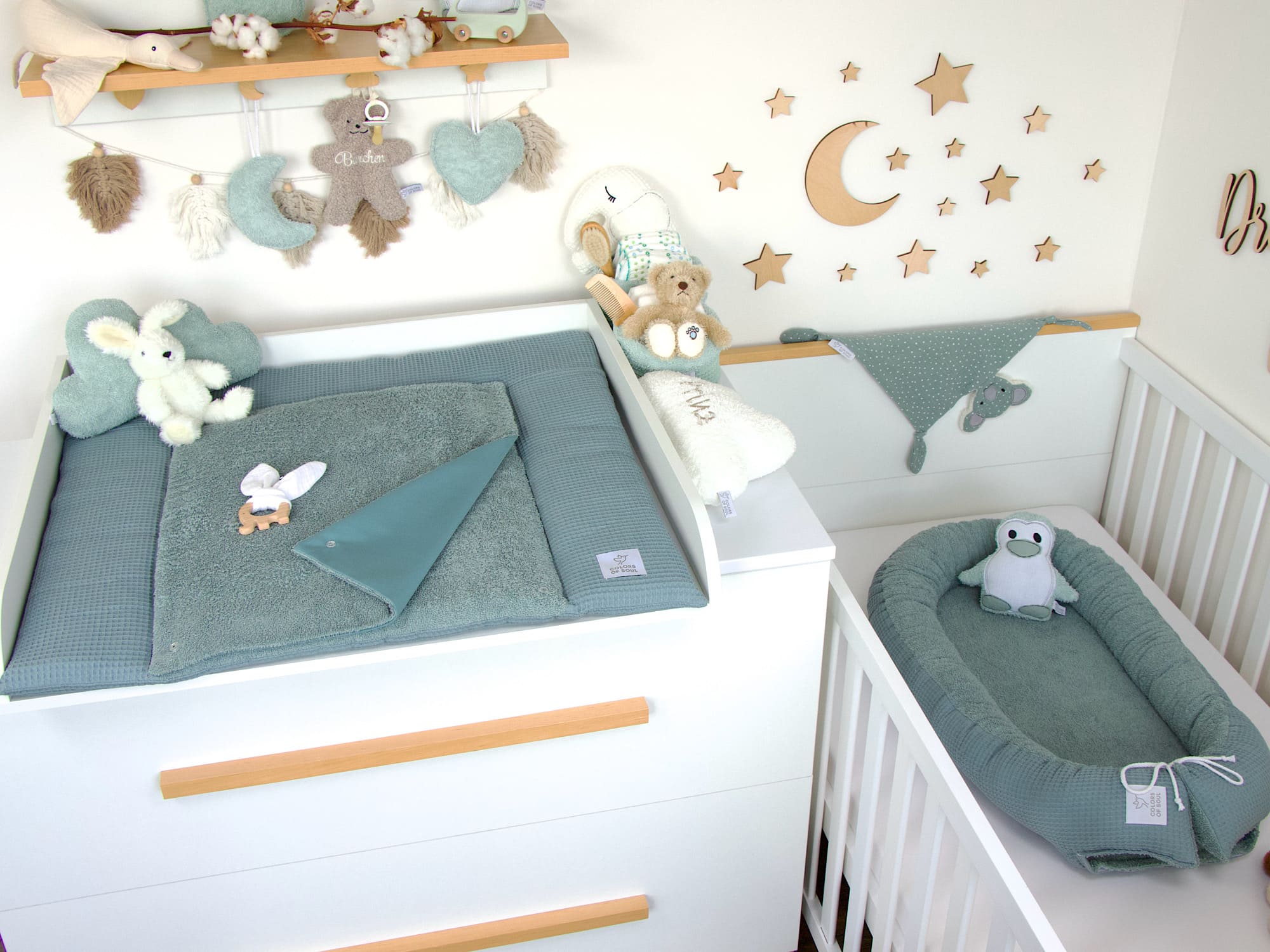 3-er SET - Wickelauflage, Bettschlange, Babynestchen - Waffelpique und Frottee dusty altmint