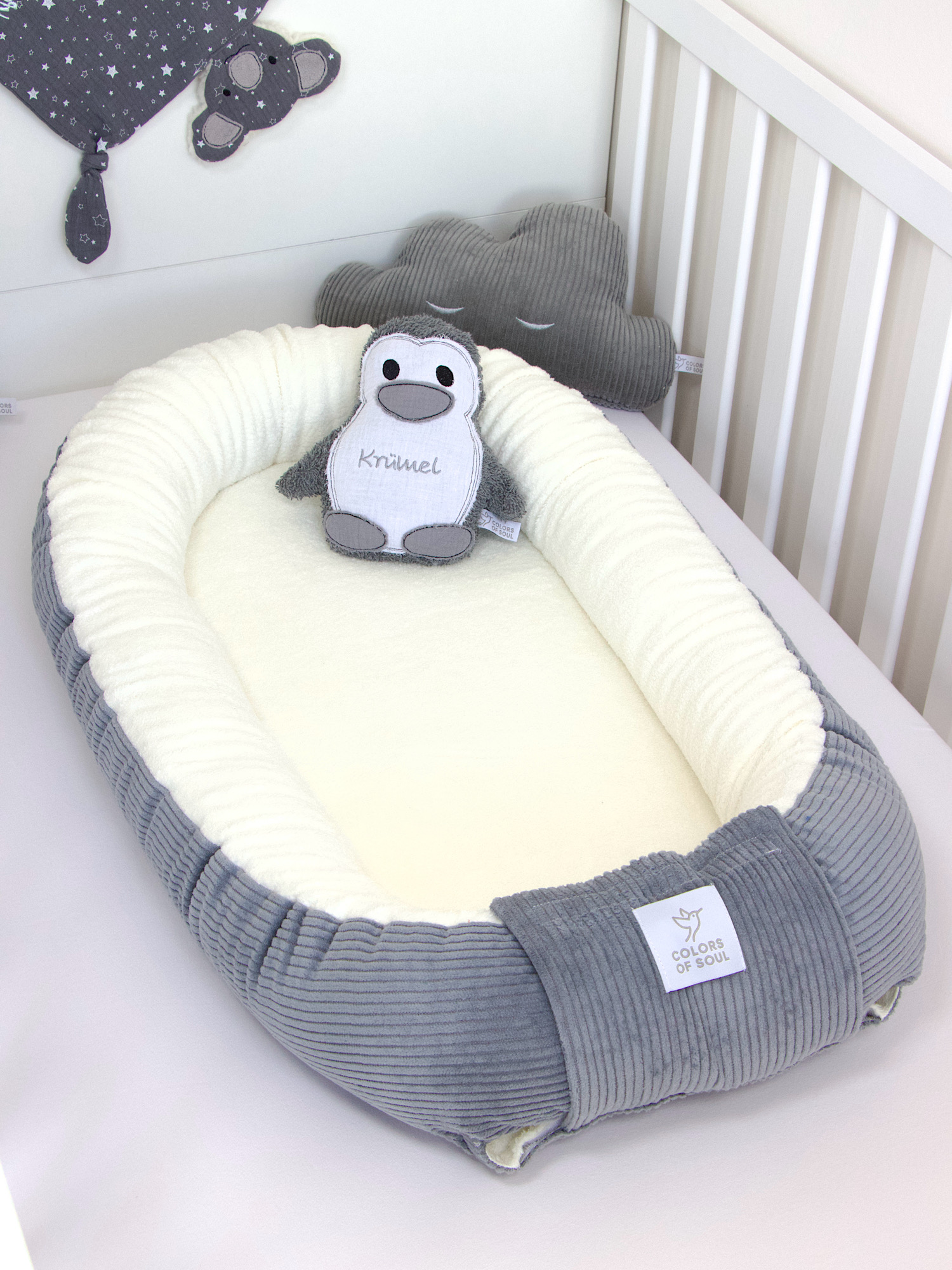 Babynestchen - Kordstoff grau / Baumwollfleece creme