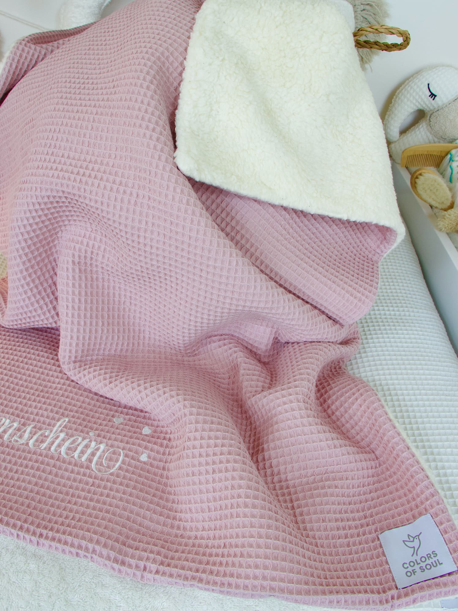 Baby Kuscheldecke personalisiert - Waffelpique altrosa / Teddyplüsch creme