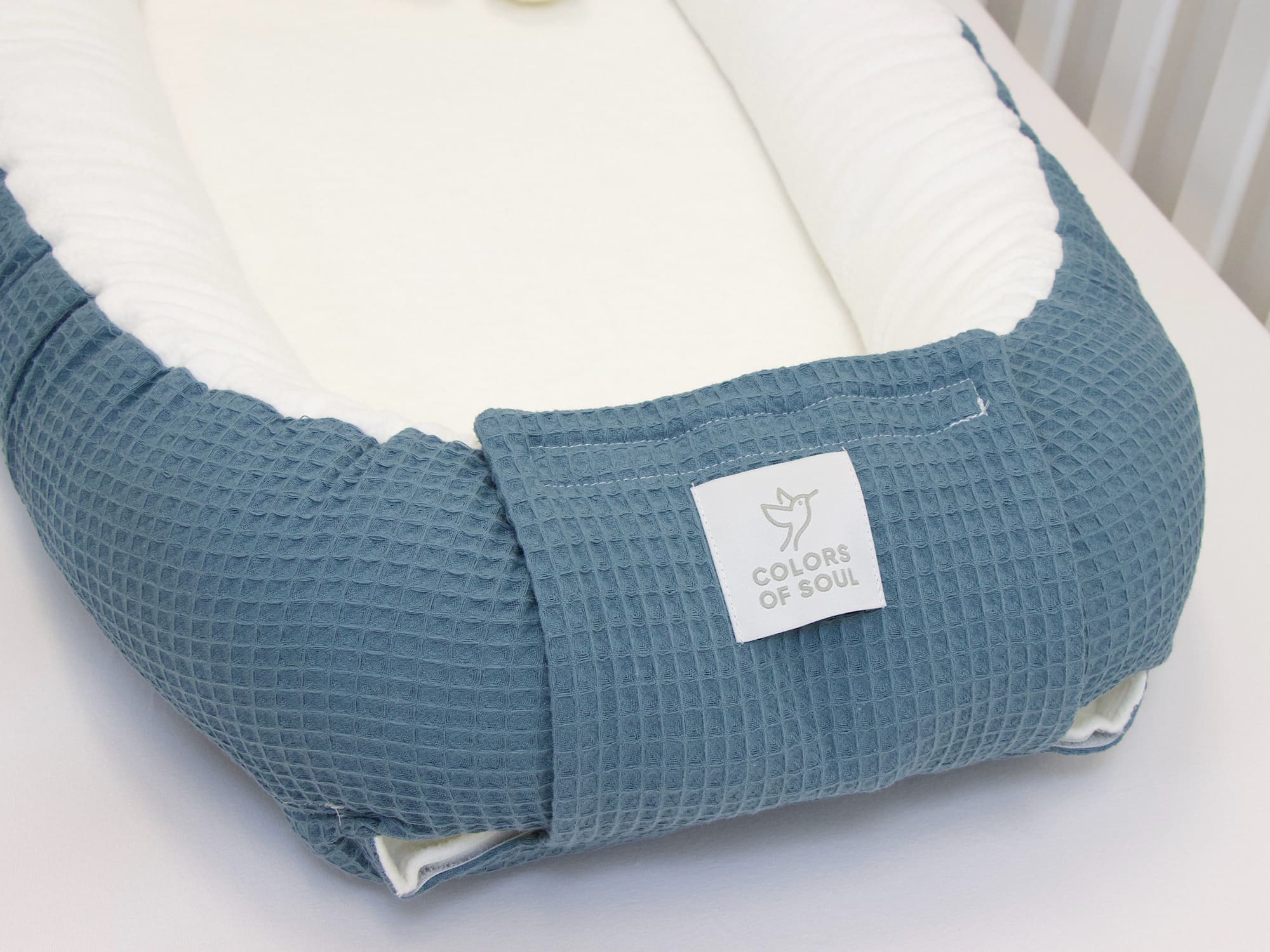 3-er SET - Wickelauflage mit Inlett, Babynest, Bettrolle - Waffel stahlblau / Baumwollfleece creme