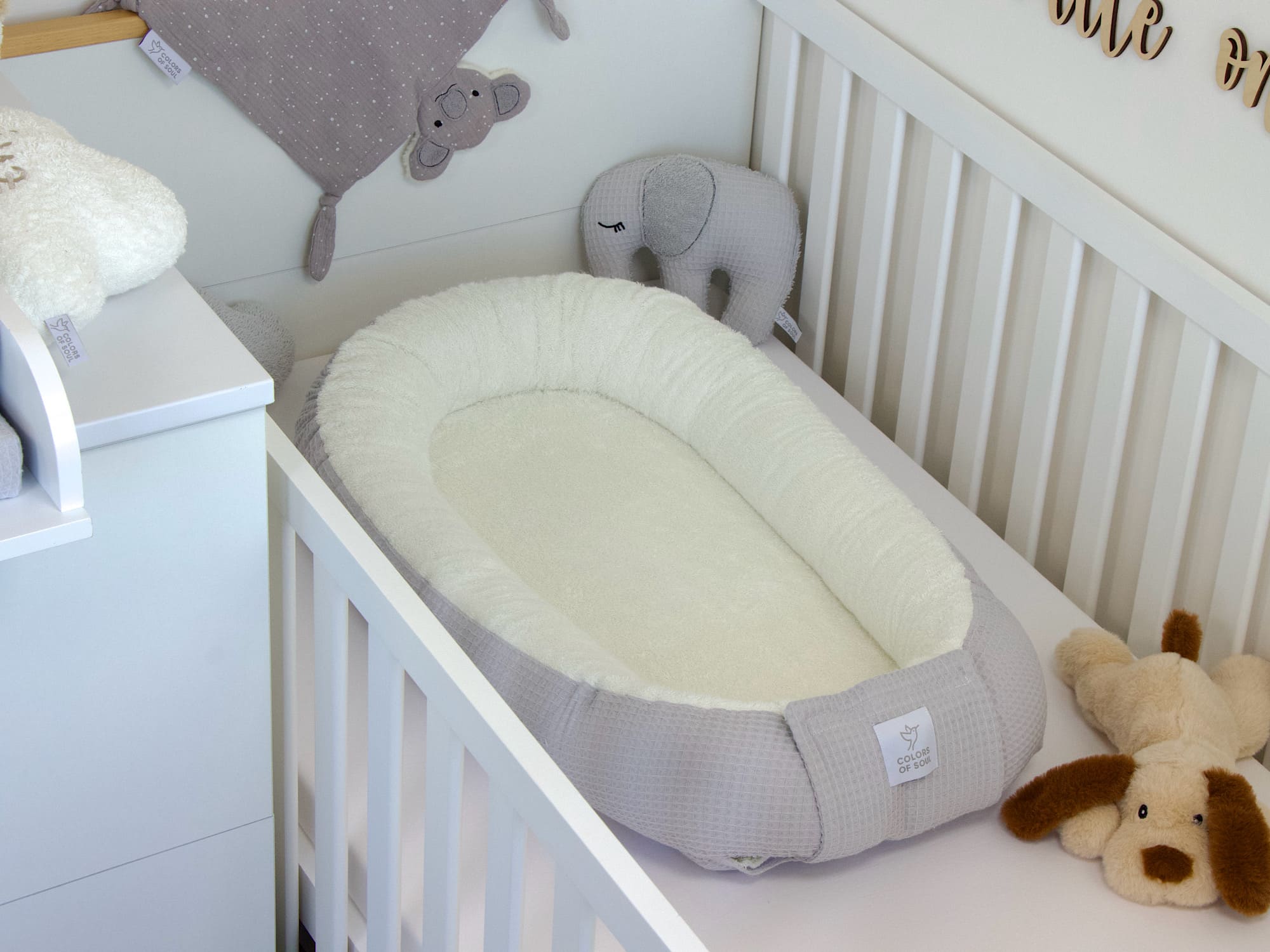 Wickelauflage Set mit Babynestchen - Waffelpique hellgrau / Frottee creme