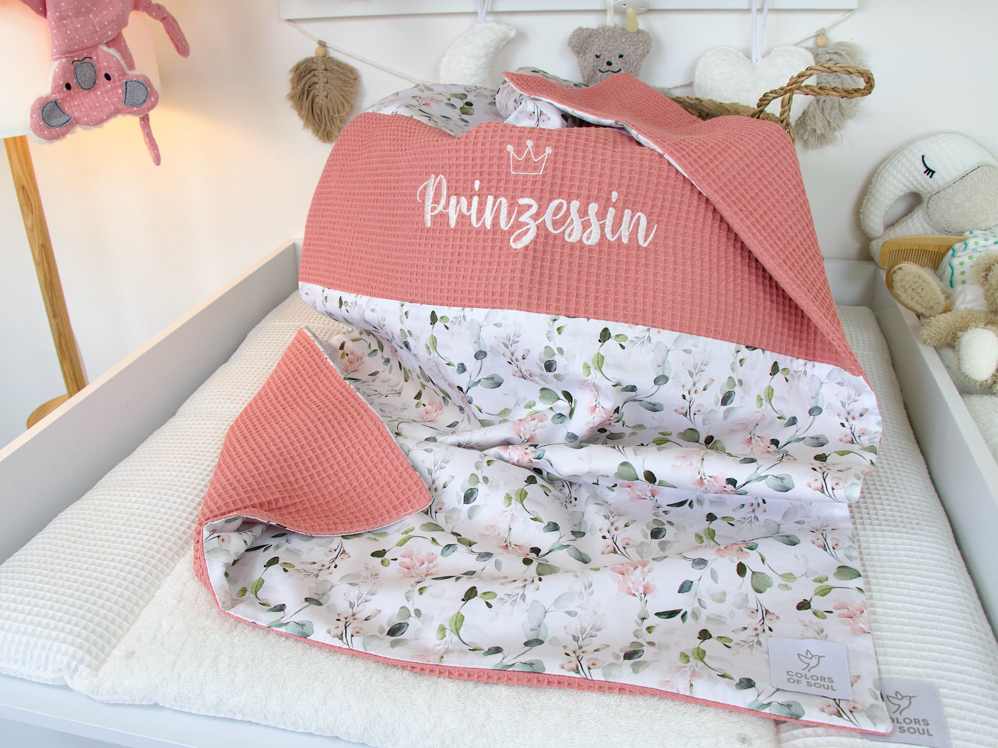 Personalisierte Kuscheldecke Baby - Gartenblumen rosa / Waffelpique blush