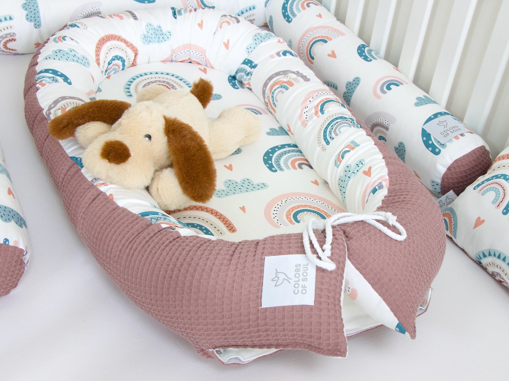 5-er SET - Wickelauflage, Babynest, Bettrolle - pastell Regenbogen und Herzen / Waffelpique alte malve