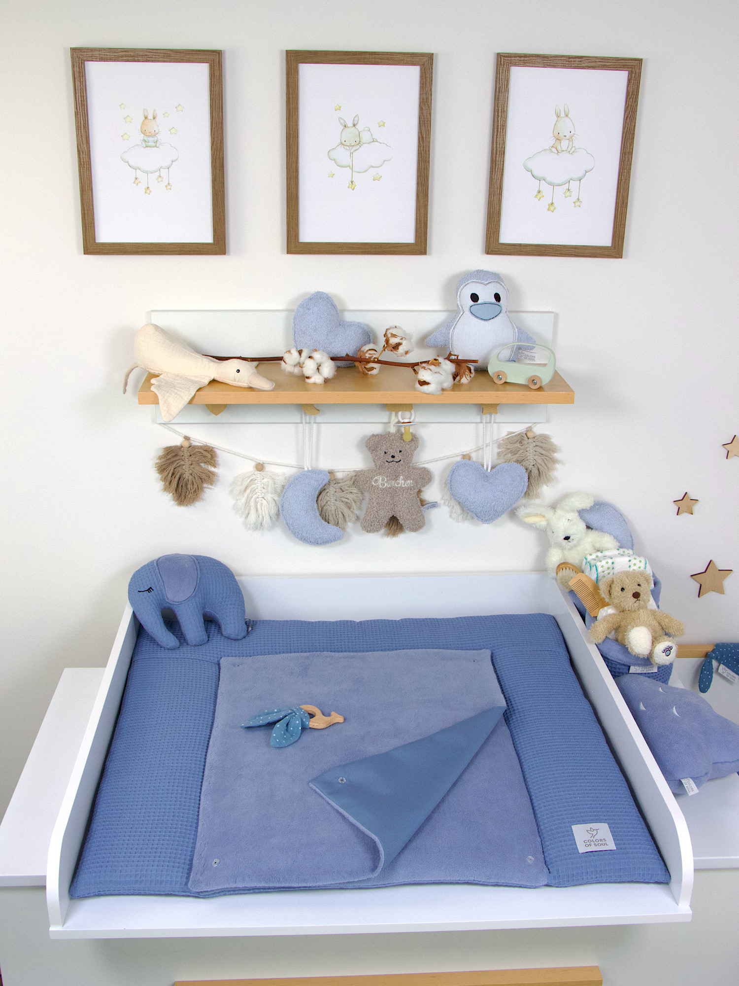 Handgefertigte Wickelauflage aus Waffelpique und Baumwollfleece in Blau und Himmelblau