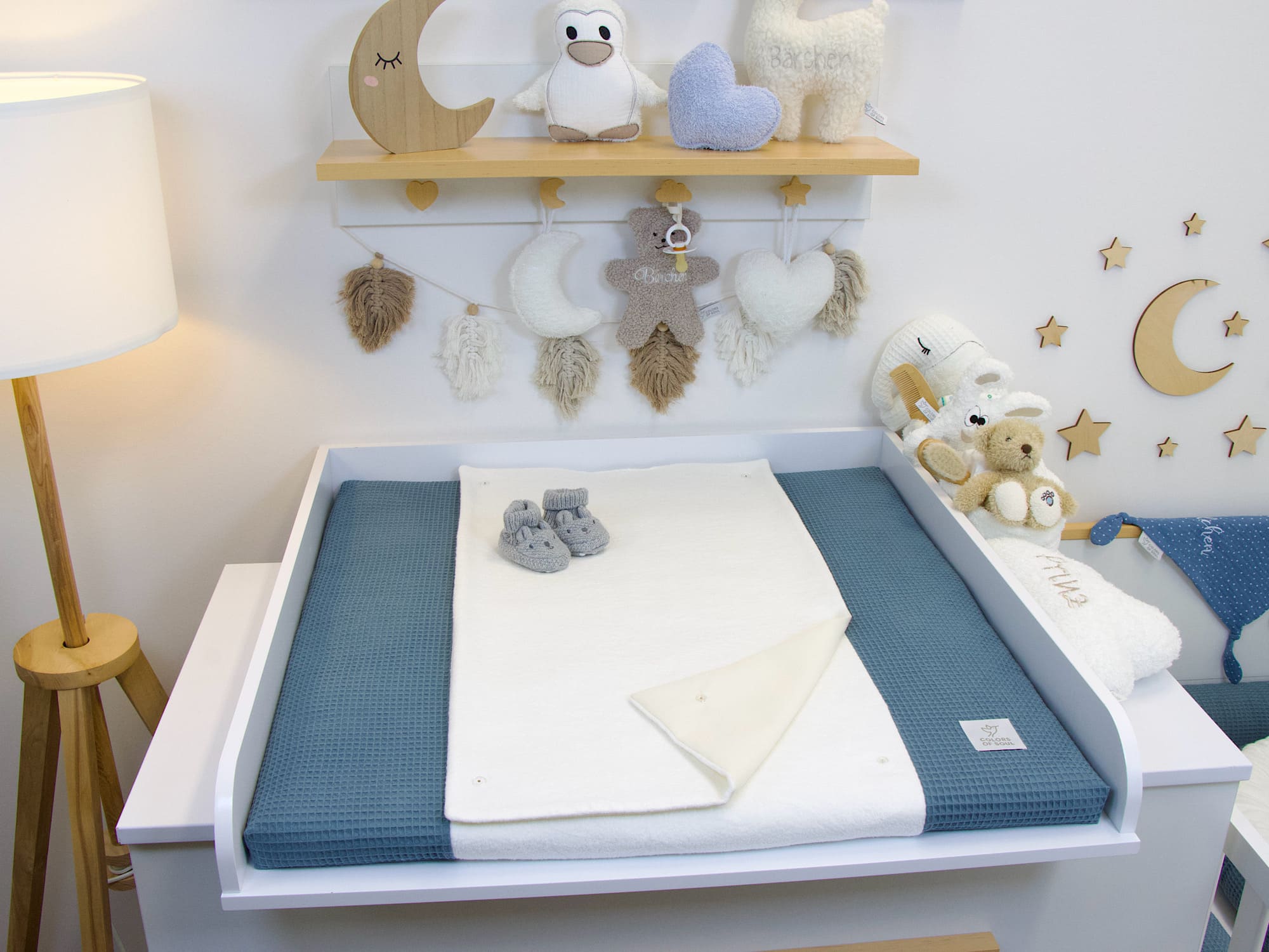 Wickelauflage mit Inlett - Waffelpique stahlblau / Baumwollfleece creme