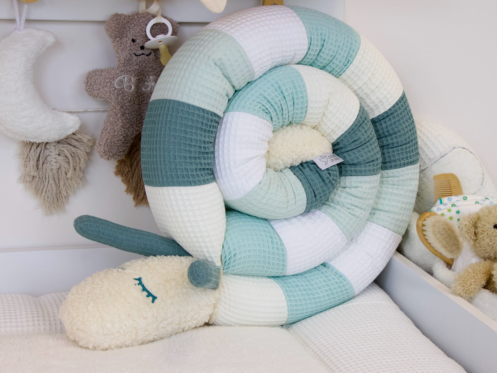 Puckschnecke Patchwork: Waffelpique creme, pastellmint, weiß, hellmint, altgrün
