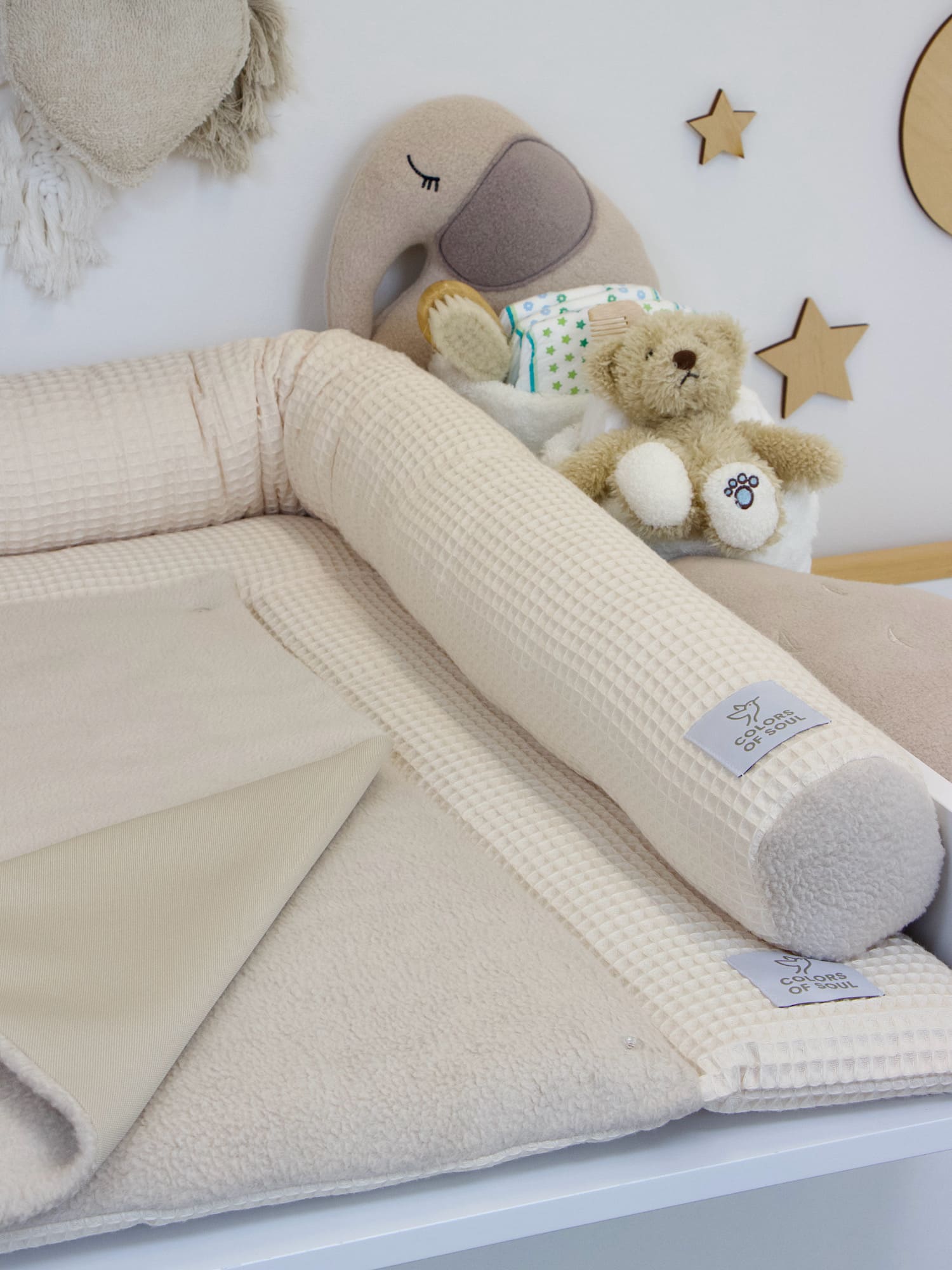 2-er SET - Wickelauflage, Bettschlange - Waffelpique hellbeige / Baumwollfleece beige