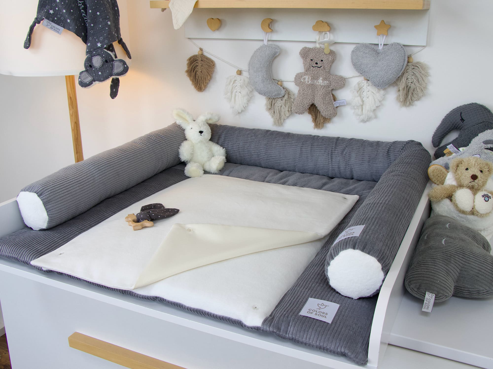Wickelauflage Set mit Bettschlange Cord grau / Baumwollfleece creme
