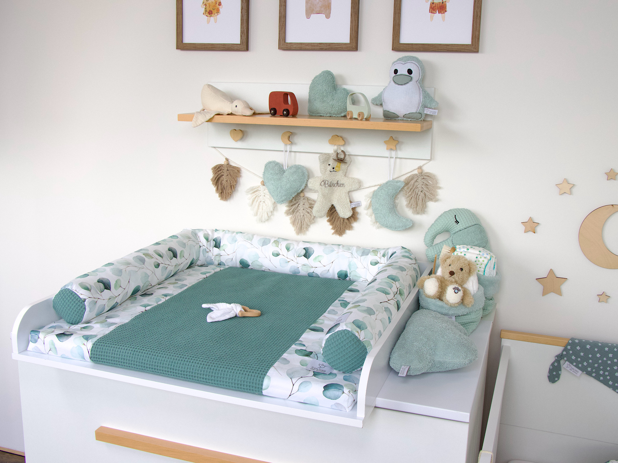 3-er SET - Wickelauflage mit Inlett, Babynest, Bettrolle - Silberdollar-Eukalyptus / Waffel altgrün