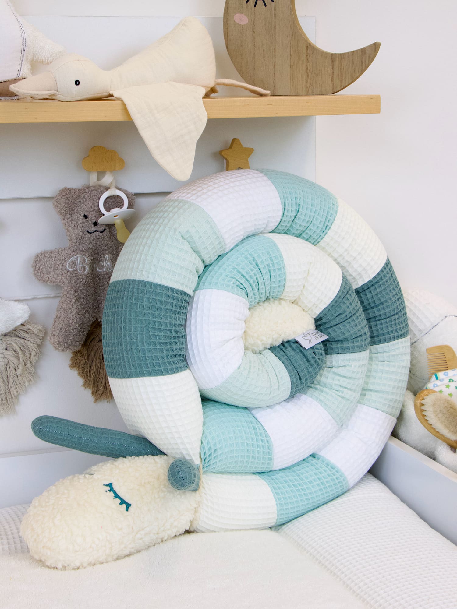 Puckschnecke Patchwork: Waffelpique creme, pastellmint, weiß, hellmint, altgrün
