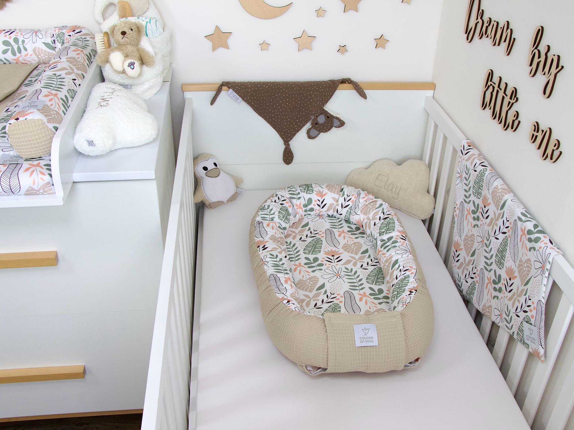5-er SET - Wickelauflage mit Inlett, Babynestchen, Bettschlange - Tropical Blumen / Waffel beige