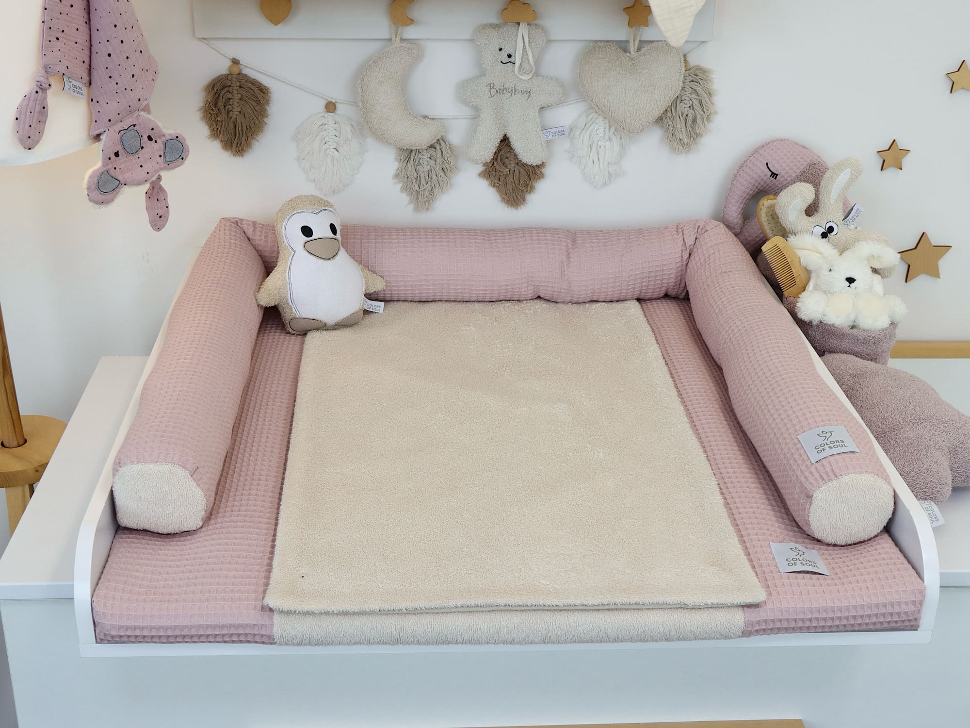Wickelauflage mit Bezug & Bettschlange – Waffelpique Altrosa & Frottee Light Sand