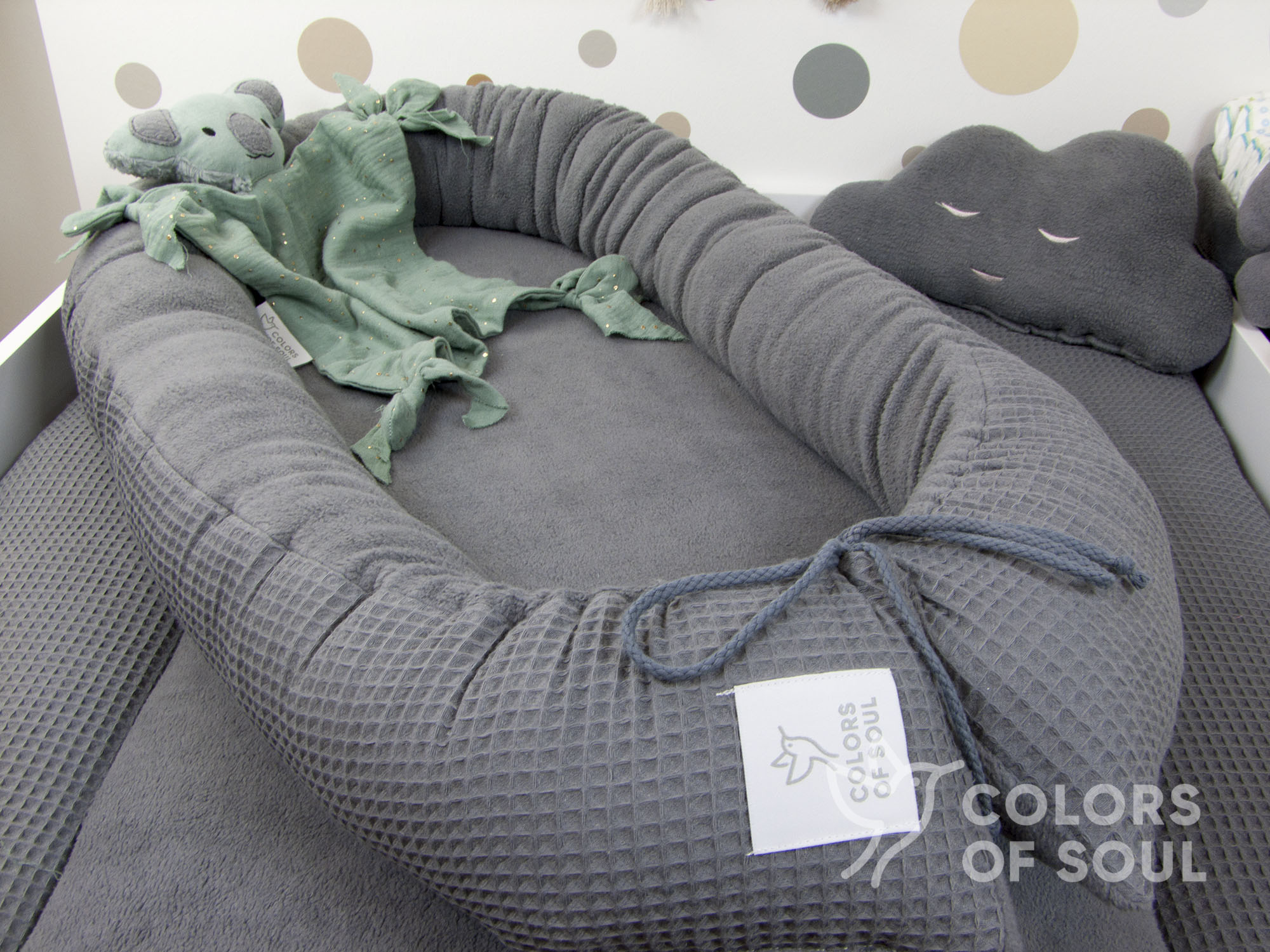 3-er SET - Wickelauflage, Bettschlange, Babynestchen - Waffelpique steingrau / Baumwollfleece grau