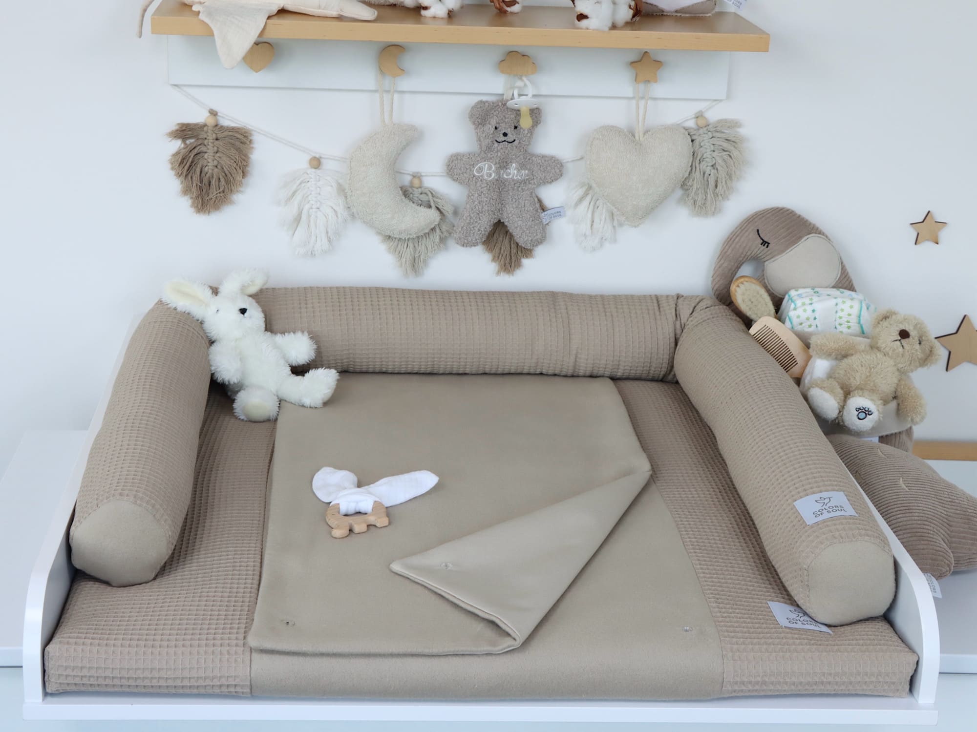 2-er SET - Wickelauflage mit Inlett, Bettrolle - Waffel dunkelbeige / Baumwollfleece dunkelbeige