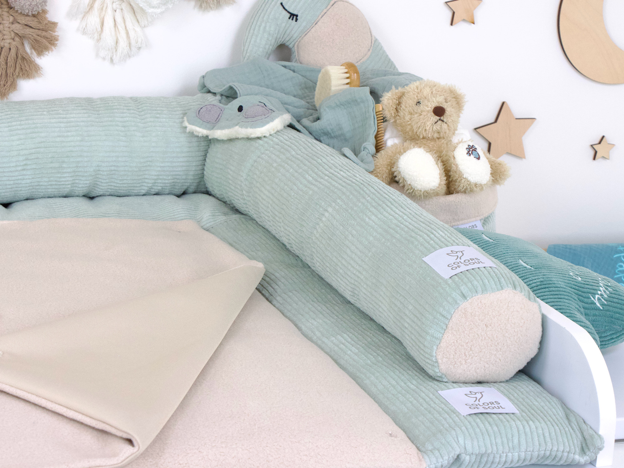 2-er SET - Wickelauflage, Bettschlange - Kord mint / Baumwollfleece beige